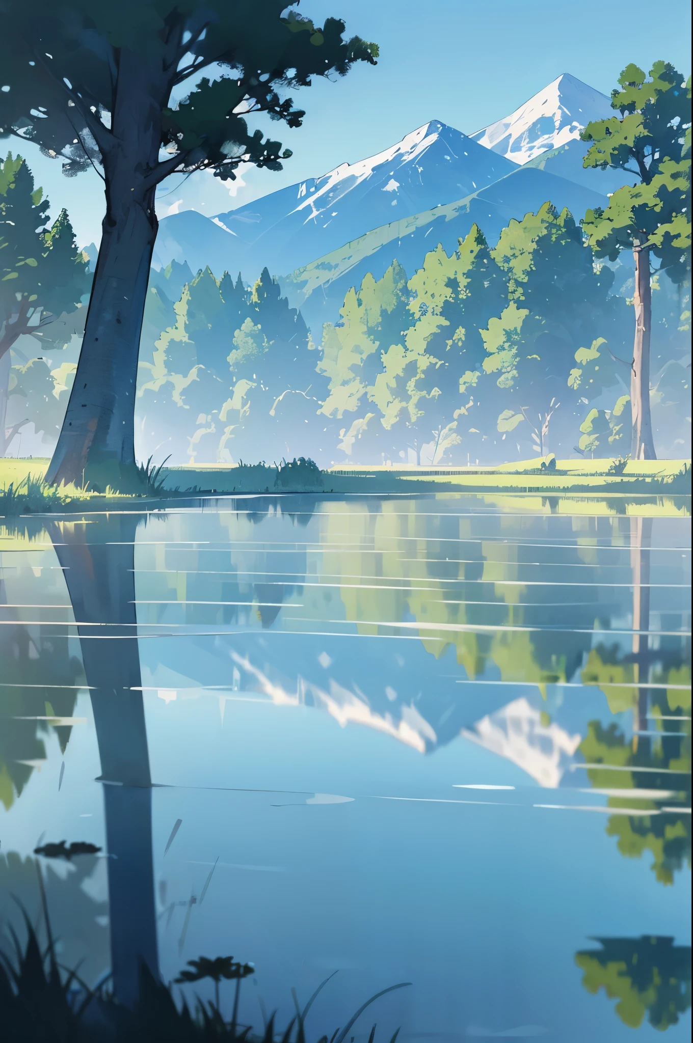 best quality,ultra-detailed,natural lighting,frog lake,serene and peaceful,subtle colors,calm scene,soft ripples in the water,reflective surface,sunlight filtering through the trees,fresh green foliage,quiet and secluded,harmonious coexistence of nature,lush vegetation,majestic mountains in the backdrop,solitude,tranquil atmosphere,gentle breeze rustling the leaves,clear blue sky,serenity of the surrounding environment,misty morning,Silence,gentle sounds of nature,sunrise over the lake,serene reflection of the sky on the water,serene ambiance,harmony between land and water,serene beauty,serene stillness.