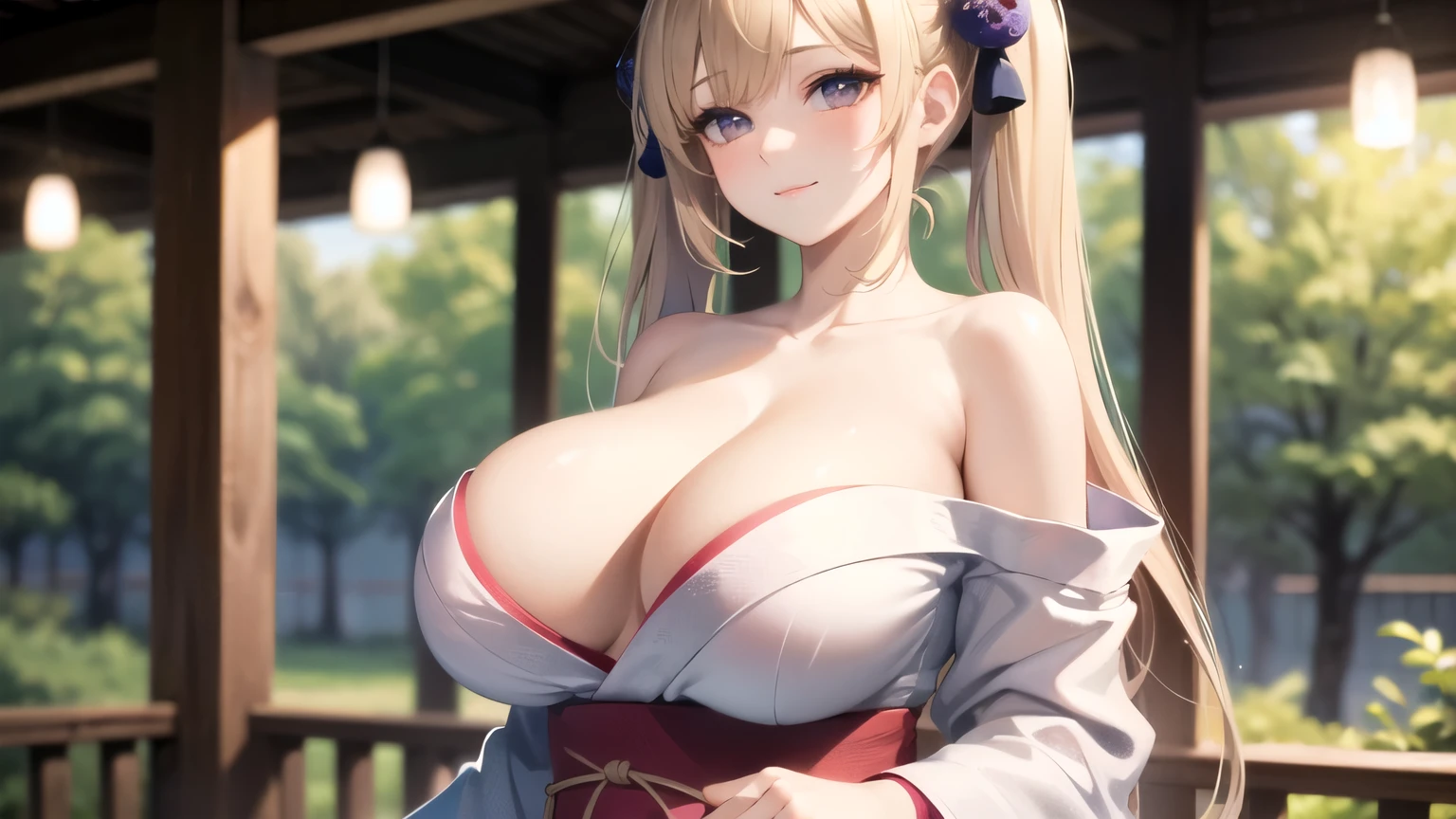 (((masterpiece, best quality))), (((superior quality))), cute girl, ((extremely detailed girl)), ((huge breasts)), (yukata), (bare shoulders), strapless top, slight smile, twin tail blonde