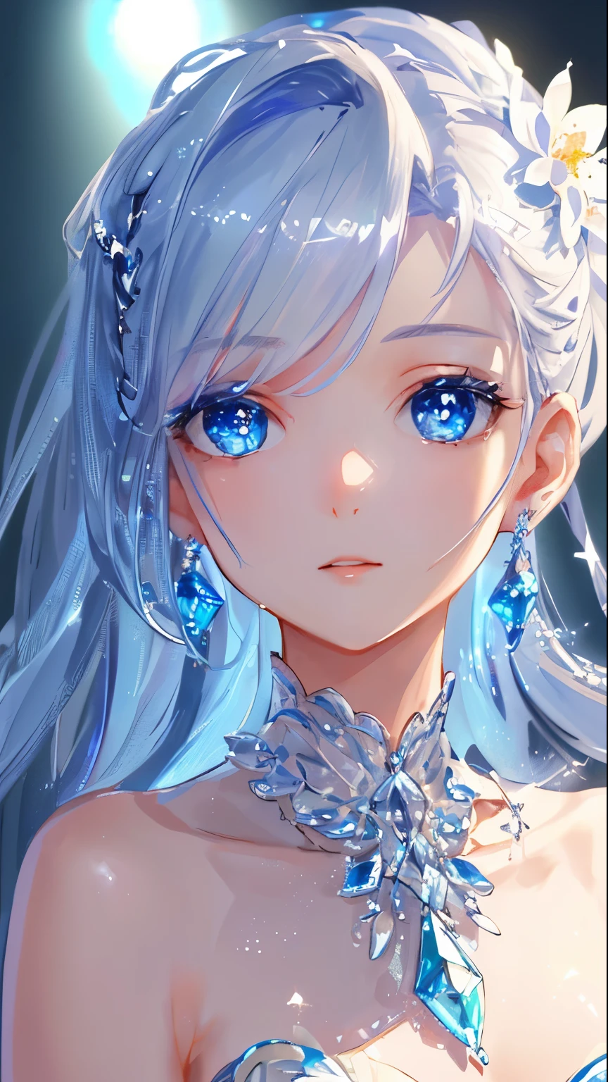 masterpiece, highest quality, figure, Sax Blue, platinum earrings, Platinum Necklace, white dress, 1 girl, cute, (dynamic lighting:1.2), cinematic lighting, delicate features, fine eyes, sharp pupils, good shape big breasts, realistic student, Depth of bounds written, Bokeh, sharp focus, (very detailed, bloom, shine:1.4), Many Small Gems