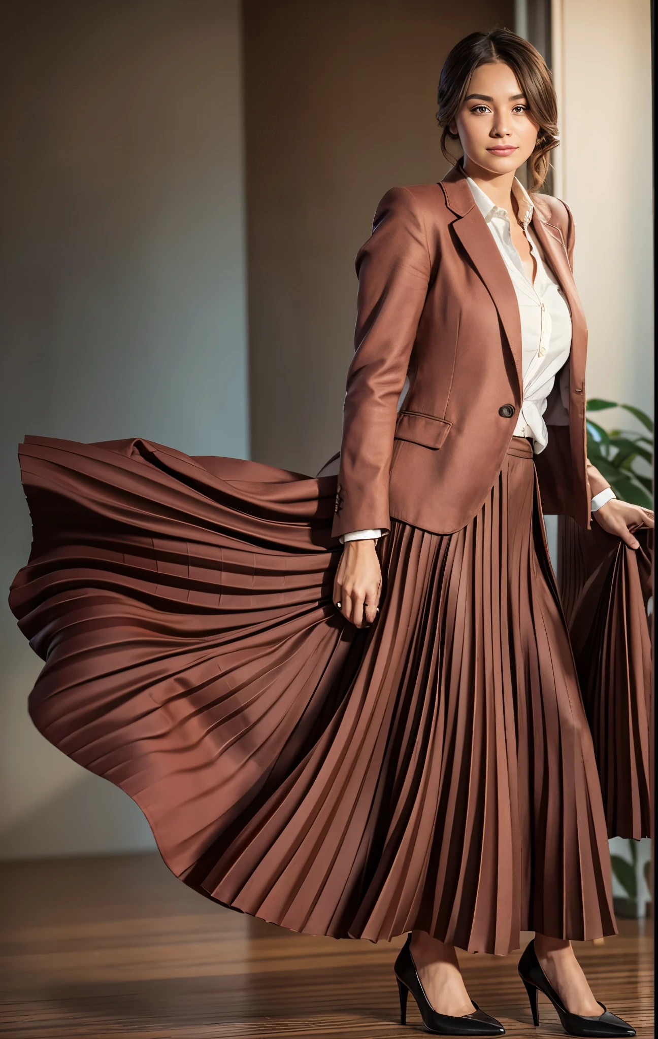A smiling, authentic, (shy:1,3), kind, beautiful woman, in love with her skirt, while wind lifts her skirt, wearing short blazer and very very detailed (long (fully pleated) full circle skirt) and (simple) low heeled office shoes, very very intricate hyper-detailed symmetric (attractive graceful young feminine face) with (sad, tired eyes and a shy smile), large breasts, full of empathy and compassion and love, (pronounced (feminine) features), (highly detailed ultra accurate realistic) hands and fingers, (windy), epic composition, highly detailed attributes, (35mm f1.4 Kodak portra 400 photograph), extremely high quality RAW photograph, highly detailed atmosphere, sci-fi, cinematic shot, dynamic lighting, 75mm, Technicolor, Panavision, cinemascope, sharp focus, fine details, 8k, HDR, realism, realistic, key visual, film still, superb cinematic color grading, depth of field