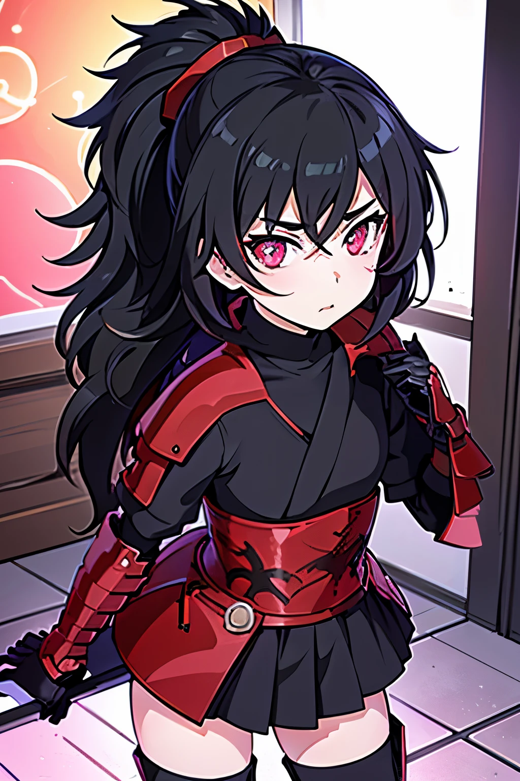 Anime, Girl, (((1girl))), (((Waifu, Raven Branwen, Raven Branwen Waifu))), (((Black Hair, Messy Hair))), ((Crimson Red Eyes eyes: 1.3, Upturned Eyes: 1, Perfect Eyes, Beautiful Detailed Eyes, Gradient eyes: 1, Finely Detailed Beautiful Eyes: 1, Symmetrical Eyes: 1, Big Highlight On Eyes: 1.2)), (((Lustrous Skin: 1.5, Bright Skin: 1.5, Skin Fair, Shiny Skin, Very Shiny Skin, Shiny Body, Plastic Glitter Skin, Exaggerated Shiny Skin, Illuminated Skin))), (Detailed Body, (Detailed Face)), Young, Lolita, (Best Quality), (((Bicep-high Gauntlets, Armored Boots, Thigh-high Heeled Boots, Armored Gauntlets))), (((Battle Kimono))), (((Skirt))), High Resolution, Sharp Focus, Ultra Detailed, Extremely Detailed, Extremely High Quality Artwork, (Realistic, Photorealistic: 1.37), 8k_Wallpaper, (Extremely Detailed CG 8k), (Very Fine 8K CG), ((Hyper Super Ultra Detailed Perfect Piece)), (((Flawless masterpiece))), Illustration, Vibrant Colors, (Intricate), High Contrast, Selective Lighting, Double Exposure, HDR (High Dynamic Range), Post-processing, Background Blur