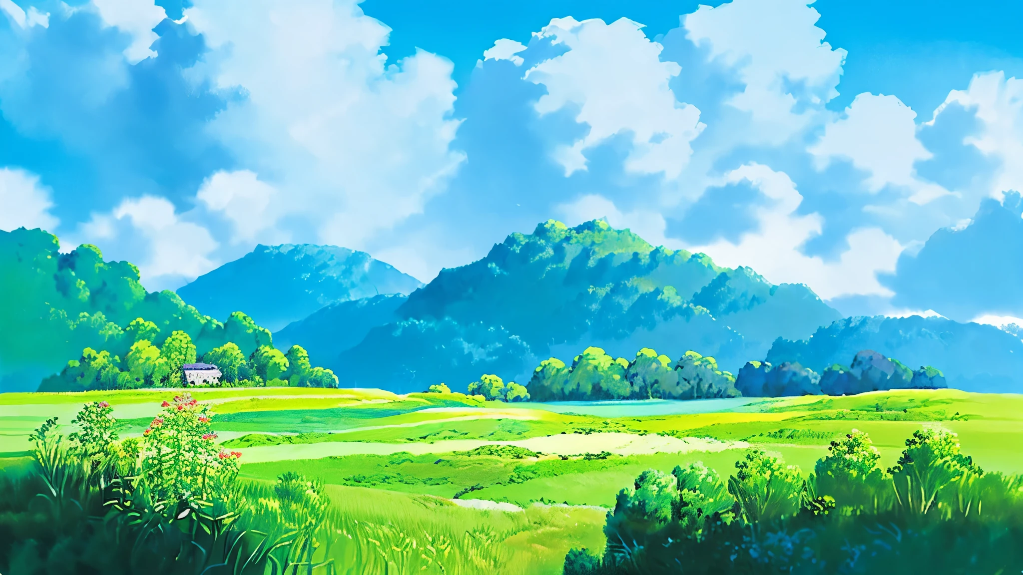 Realistic, authentic, Beautiful and amazing landscape oil painting by Studio Ghibli Hayao Miyazaki&#39;petal meadow with blue sky and white clouds --v6