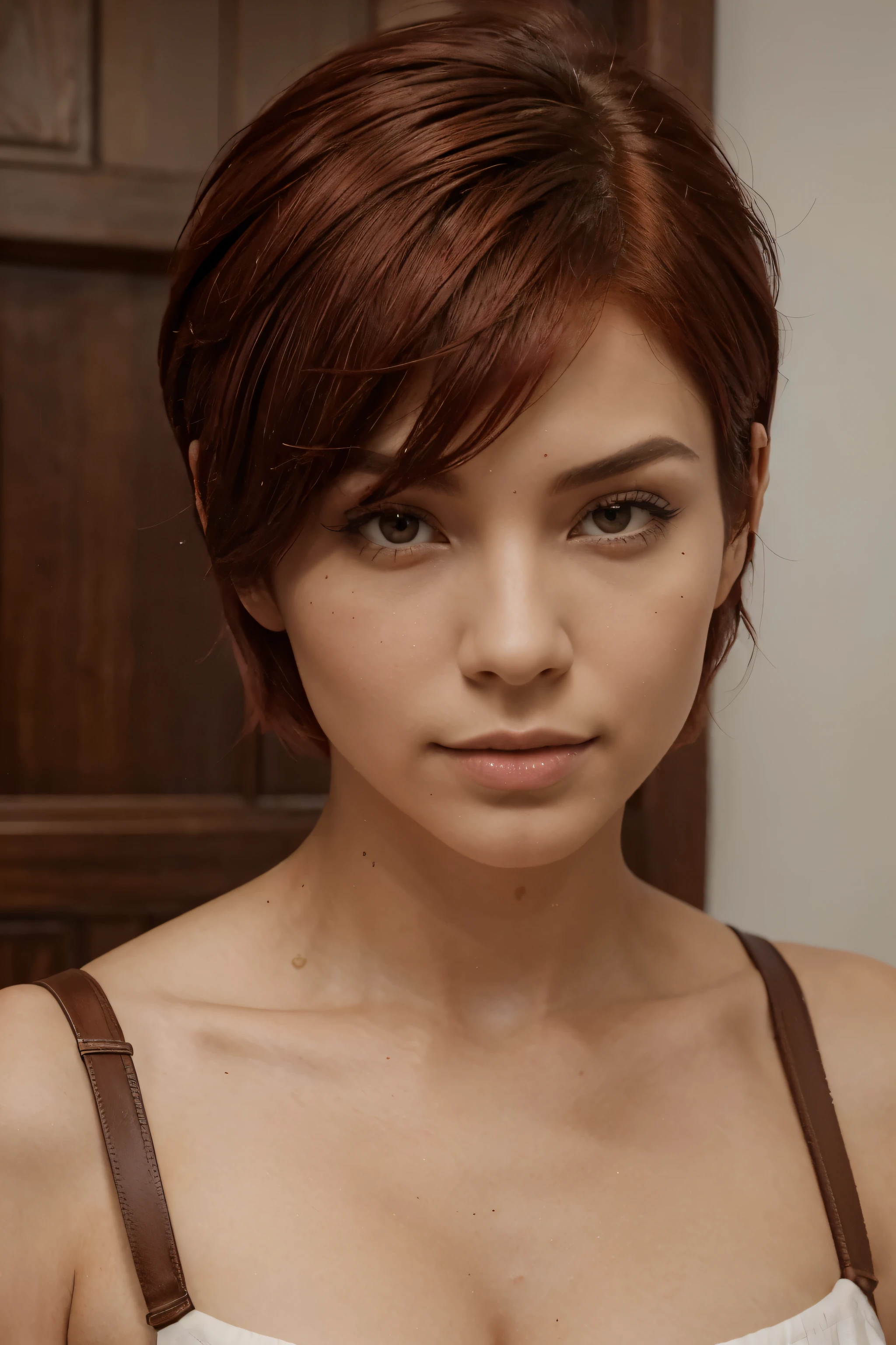 abello Corto y Rojo Intenso:
Imagina a esta mujer con un corte de cabello moderno y atrevido, que resalta su personalidad audaz. The intense red gives a vibrant and unique touch to your appearance. Puede ser un bob elegante, a chic pixie or any other short cut that adds a contemporary touch to your style. El color rojo, brillante y cautivador, destaca por su intensidad y crea un impacto visual inmediato.

Este estilo de cabello corto y rojo no solo resalta su confianza y vanguardia, but also gives it an air of sophistication and originality. The combination of a deep red shade and a modern haircut creates a bold and memorable image, haciendo que esta mujer sea realmente inolvidable.