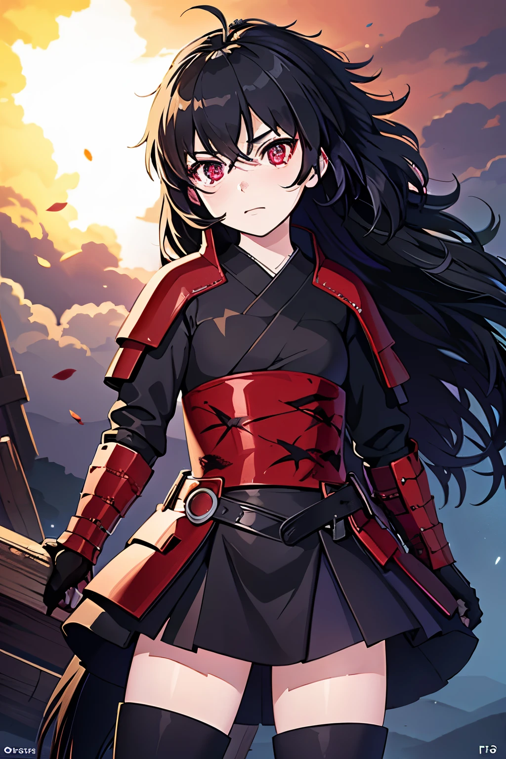 Anime, Girl, (((1girl))), (((Waifu, Raven Branwen, Raven Branwen Waifu))), (((Black Hair, Messy Hair))), ((Crimson Red Eyes eyes: 1.3, Upturned Eyes: 1, Perfect Eyes, Beautiful Detailed Eyes, Gradient eyes: 1, Finely Detailed Beautiful Eyes: 1, Symmetrical Eyes: 1, Big Highlight On Eyes: 1.2)), (((Lustrous Skin: 1.5, Bright Skin: 1.5, Skin Fair, Shiny Skin, Very Shiny Skin, Shiny Body, Plastic Glitter Skin, Exaggerated Shiny Skin, Illuminated Skin))), (Detailed Body, (Detailed Face)), Young, Lolita, (Best Quality), (((Bicep-high Gauntlets, Armored Boots, Thigh-high Heeled Boots, Armored Gauntlets))), (((Battle Kimono))), (((Skirt))), High Resolution, Sharp Focus, Ultra Detailed, Extremely Detailed, Extremely High Quality Artwork, (Realistic, Photorealistic: 1.37), 8k_Wallpaper, (Extremely Detailed CG 8k), (Very Fine 8K CG), ((Hyper Super Ultra Detailed Perfect Piece)), (((Flawless masterpiece))), Illustration, Vibrant Colors, (Intricate), High Contrast, Selective Lighting, Double Exposure, HDR (High Dynamic Range), Post-processing, Background Blur