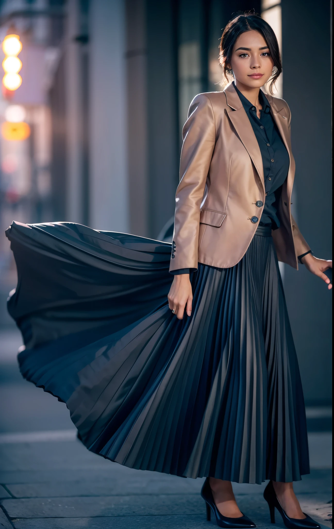 A smiling, authentic, (shy:1,3), kind, beautiful woman, in love with her skirt, while wind lifts her skirt, wearing short blazer and very very detailed (long (fully pleated) full circle skirt) and (simple) low heeled office shoes, very very intricate hyper-detailed symmetric (attractive graceful young feminine face) with (sad, tired eyes and a shy smile), large breasts, full of empathy and compassion and love, (pronounced (feminine) features), (highly detailed ultra accurate realistic) hands and fingers, (windy), epic composition, highly detailed attributes, (35mm f1.4 Kodak portra 400 photograph), extremely high quality RAW photograph, highly detailed atmosphere, sci-fi, cinematic shot, dynamic lighting, 75mm, Technicolor, Panavision, cinemascope, sharp focus, fine details, 8k, HDR, realism, realistic, key visual, film still, superb cinematic color grading, depth of field