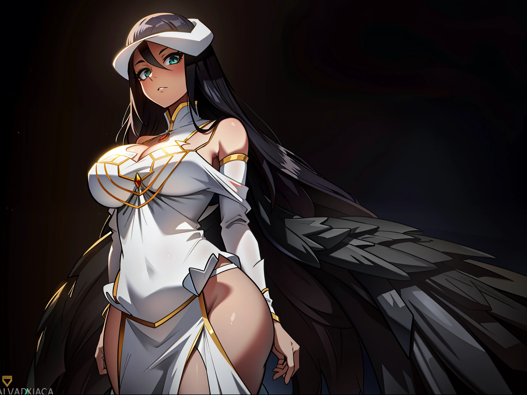 Imagen de estilo anime de una mujer vestida con un vestido blanco y una capa negra., Albedo from overlord, 2. 5 d cgi anime fantasy artwork, fanart best art station, renderizado de motor irreal + Una diosa, Albedo, Albedo from the anime overlord, Arte de personajes de renderizado 3D 8 k, Diosa del anime