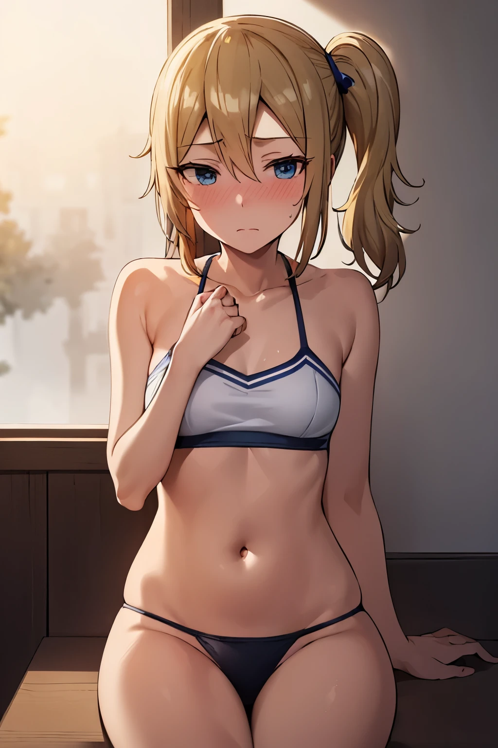 best quality, (masterpiece:1.2), detailed,
1girl, solo, expresionless, closed mouth, light blush,
blonde hair, blue eyes, side ponytail, bikini,
sitting, looking at the viewer,
bathroom, bath, water, fog