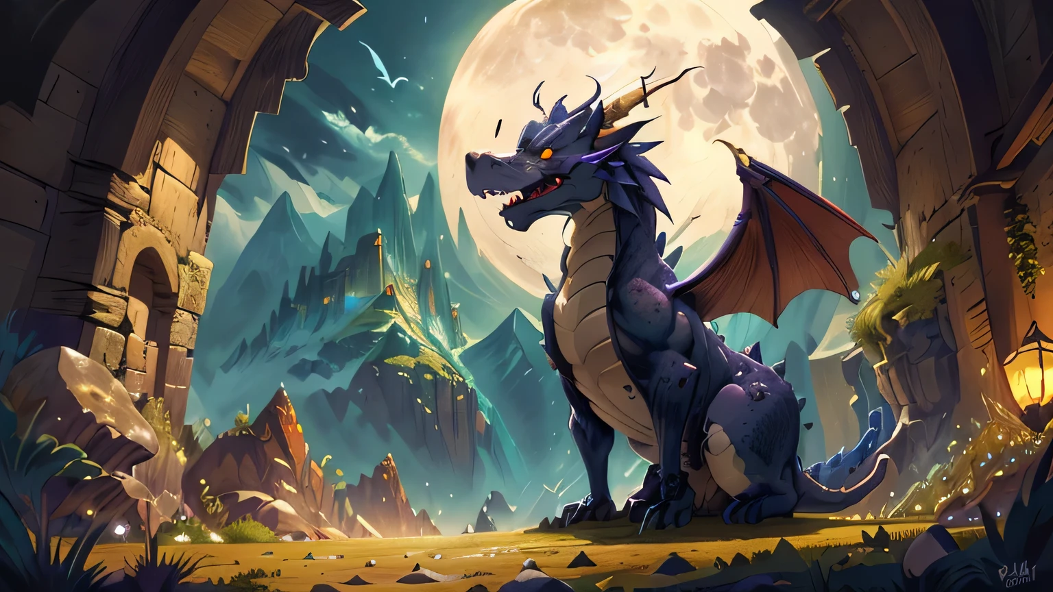 fantasy art, role playing art, super wide shot, raw, lifelike,Dark dragon pictures'nest it'now it is night, The moon rises from the horizon, There is Jinshan next to it,There is a dragon'shadow on moon
