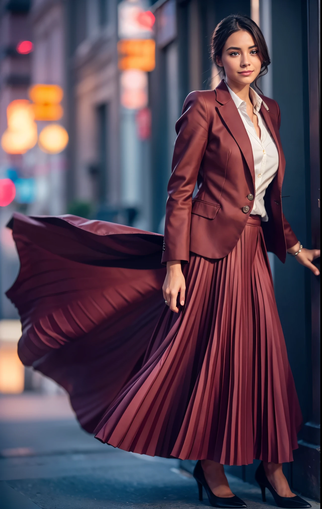 A smiling, authentic, (shy:1,3), kind, beautiful woman, in love with her skirt, while wind lifts her skirt, wearing short blazer and very very detailed (long (fully pleated) full circle skirt) and (simple) low heeled office shoes, very very intricate hyper-detailed symmetric (attractive graceful young feminine face) with (sad, tired eyes and a shy smile), large breasts, full of empathy and compassion and love, (pronounced (feminine) features), (highly detailed ultra accurate realistic) hands and fingers, (windy), epic composition, highly detailed attributes, (35mm f1.4 Kodak portra 400 photograph), extremely high quality RAW photograph, highly detailed atmosphere, sci-fi, cinematic shot, dynamic lighting, 75mm, Technicolor, Panavision, cinemascope, sharp focus, fine details, 8k, HDR, realism, realistic, key visual, film still, superb cinematic color grading, depth of field