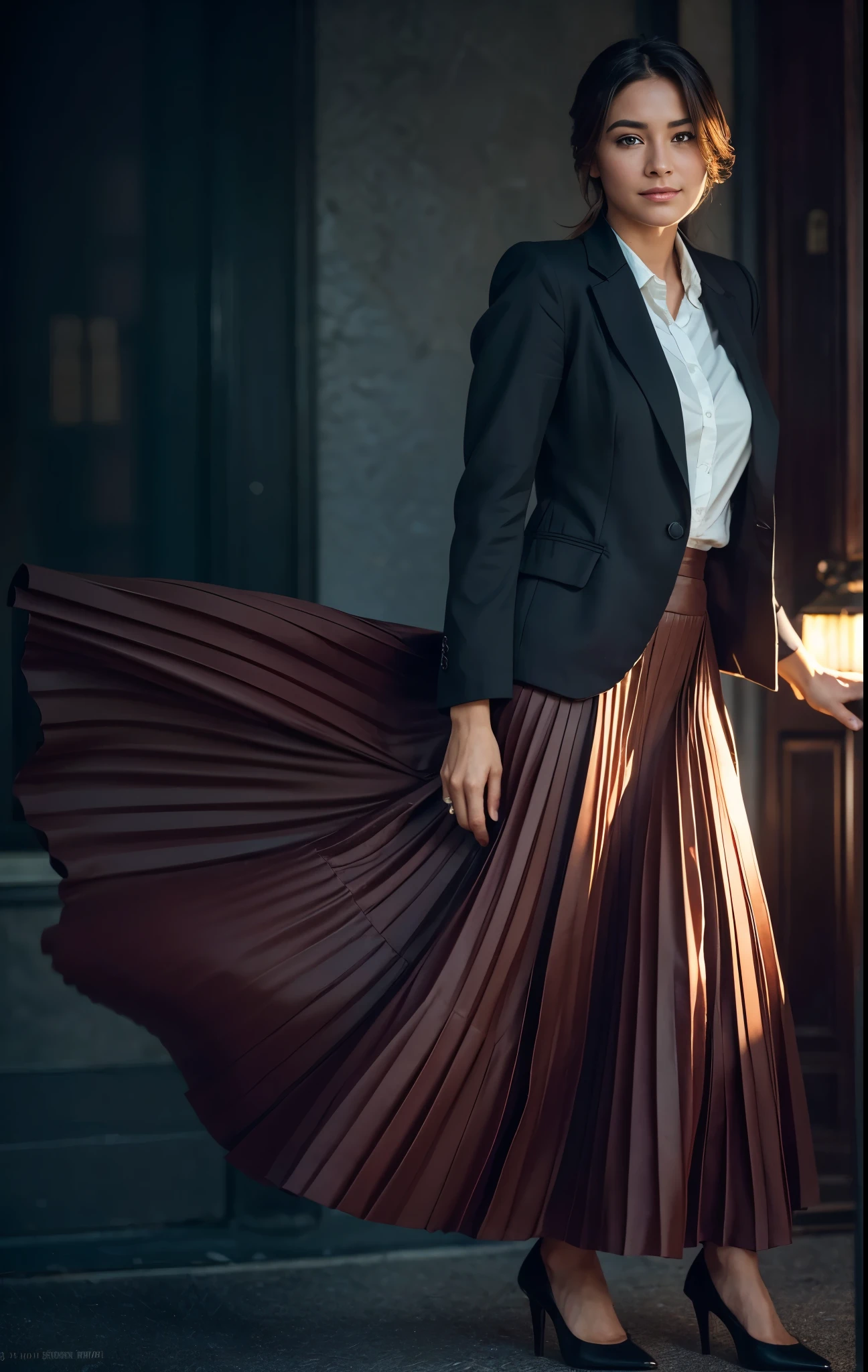 A smiling, authentic, (shy:1,3), kind, beautiful woman, in love with her skirt, while wind lifts her skirt, wearing short blazer and very very detailed (long (fully pleated) full circle skirt) and (simple) low heeled office shoes, very very intricate hyper-detailed symmetric (attractive graceful young feminine face) with (sad, tired eyes and a shy smile), large breasts, full of empathy and compassion and love, (pronounced (feminine) features), (highly detailed ultra accurate realistic) hands and fingers, (windy), epic composition, highly detailed attributes, (35mm f1.4 Kodak portra 400 photograph), extremely high quality RAW photograph, highly detailed atmosphere, sci-fi, cinematic shot, dynamic lighting, 75mm, Technicolor, Panavision, cinemascope, sharp focus, fine details, 8k, HDR, realism, realistic, key visual, film still, superb cinematic color grading, depth of field