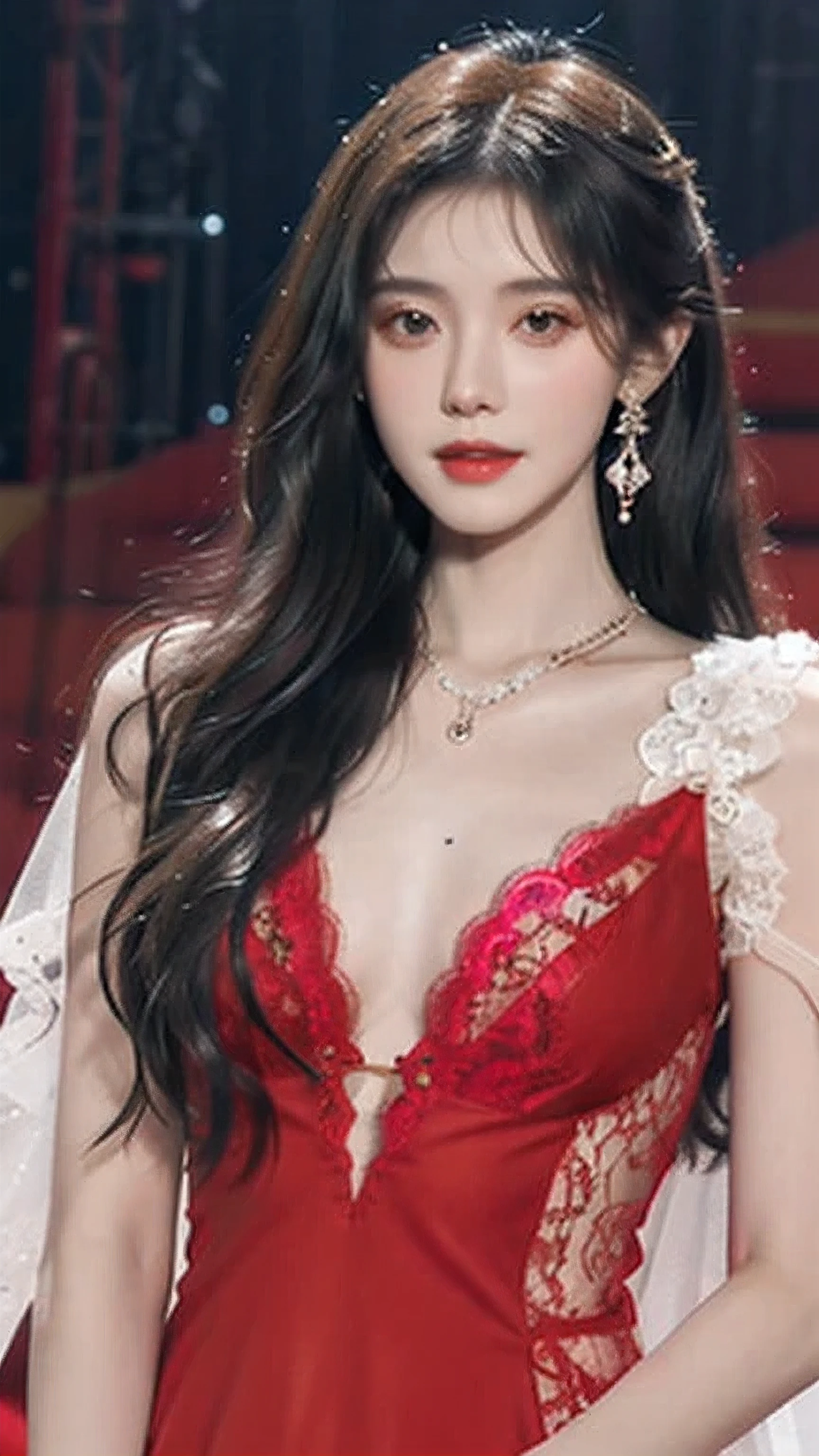 8k, masterpiece, 1 girl, pretty face, White skin, very long hair, Light makeup, exquisite eyes, Detailed lips, small breasts tight, Real and detailed, very detailed dress, Princess dress, (red dress:1.2), (wearing jewellery:1.5), (lace:1.4), Against the background of the stage, attractive pose,