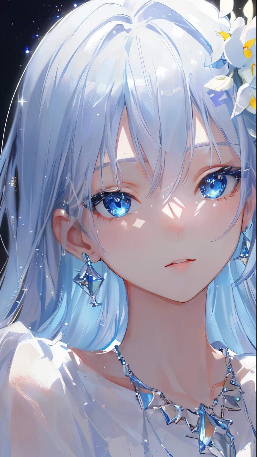 masterpiece, highest quality, figure, Sax Blue, platinum earrings, Platinum Necklace, white dress, 1 girl, cute, (dynamic lighting:1.2), cinematic lighting, delicate features, fine eyes, sharp pupils, good shape big breasts, realistic student, Depth of bounds written, Bokeh, sharp focus, (very detailed, bloom, shine:1.4), Many Small Gems