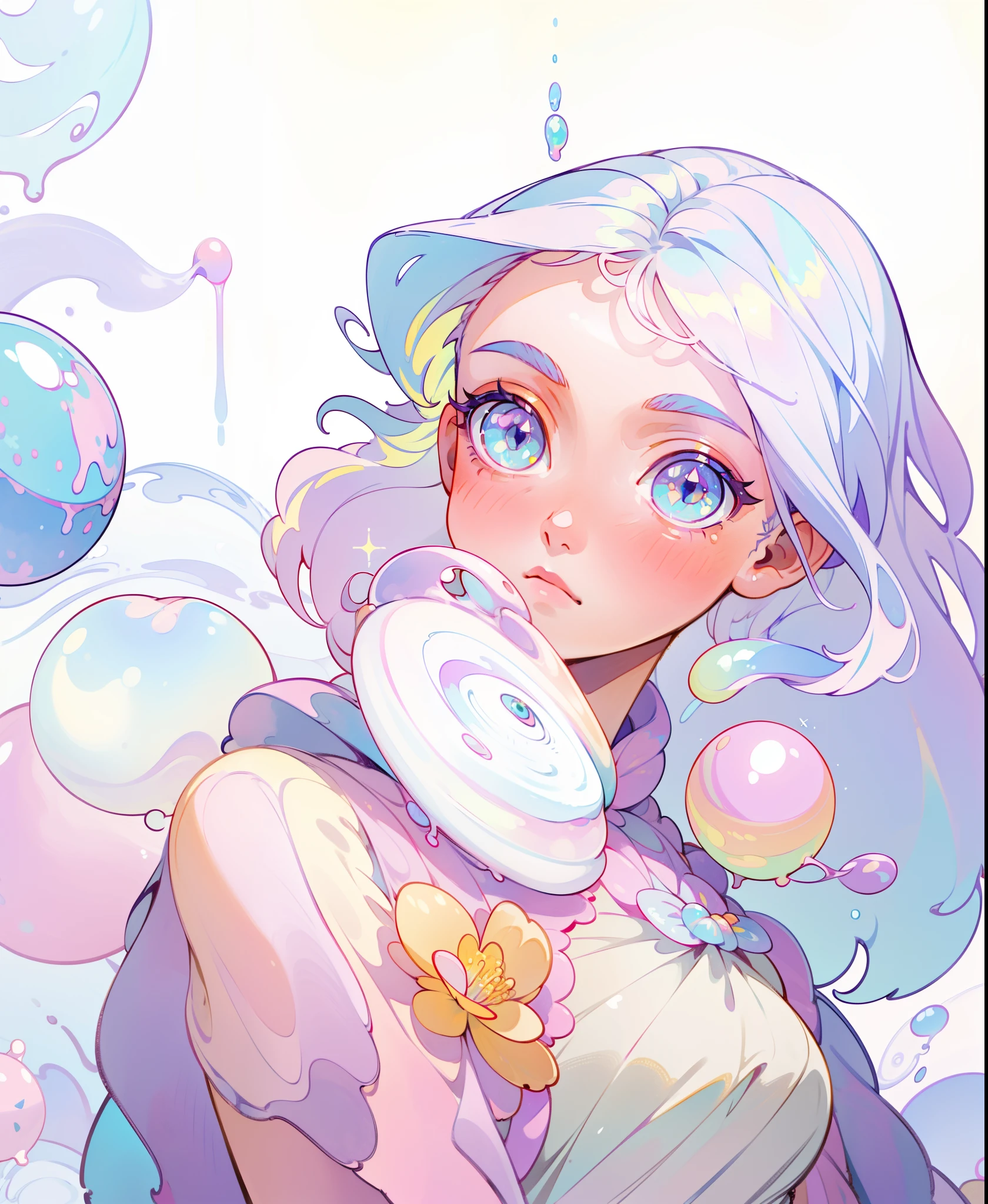 masterpiece, best quality, 8k resolution, sharp focus, intricate detail, beautiful girl, sparkling eyes, golden ratio face, otherworldly liquid, watercolor, ((pastel colors)), bright colors, whimsical, colorful, sharp focus, high resolution, fine detail, ((layered ballgown)), iridescent bubbles