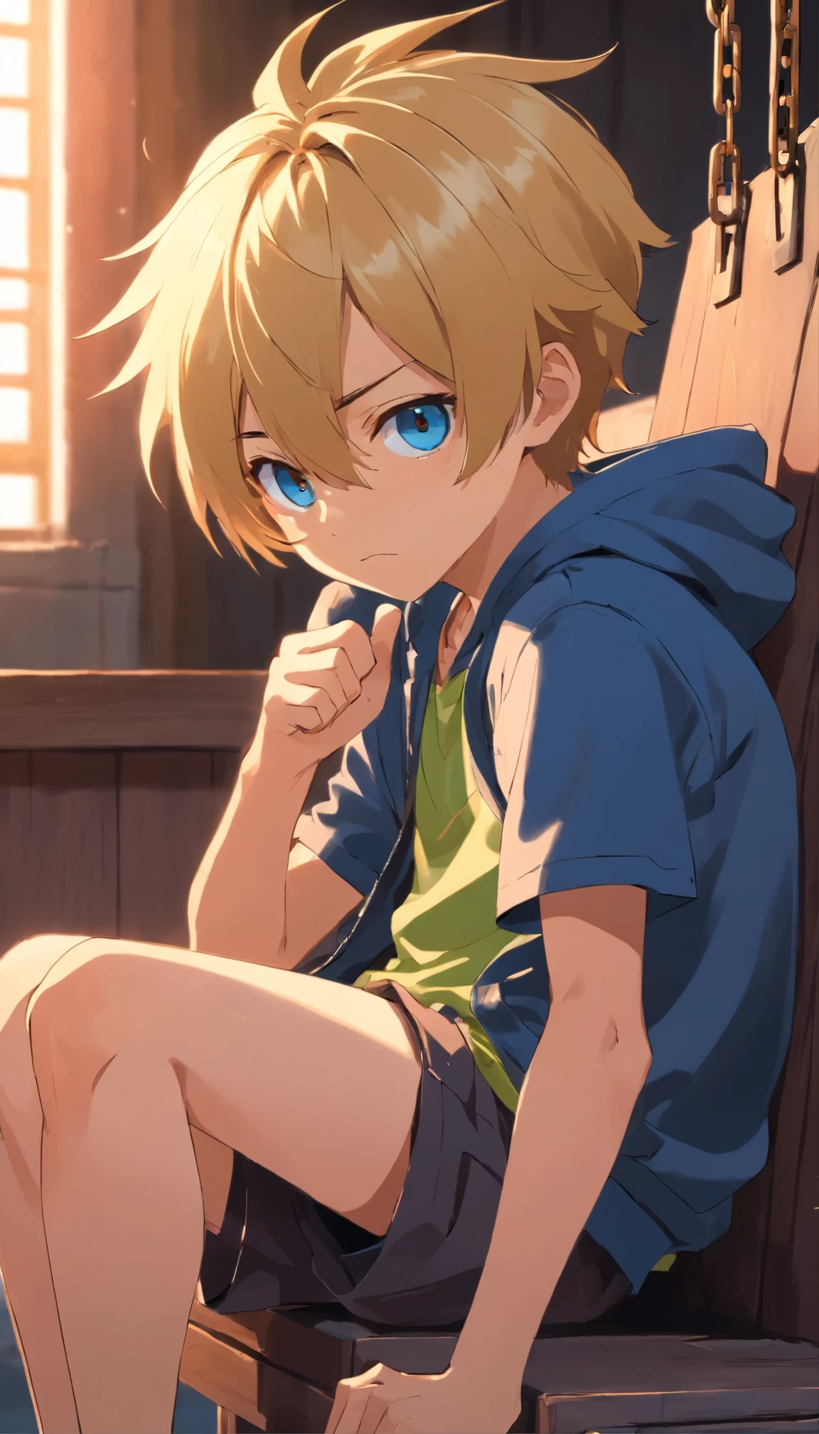 a sitting, angry eyes, Angry face, Oeil bleu, cheveux blond, detailed face,Veste noire ,Comme Gilgamesh, Porte Baground de Babylone, chain
