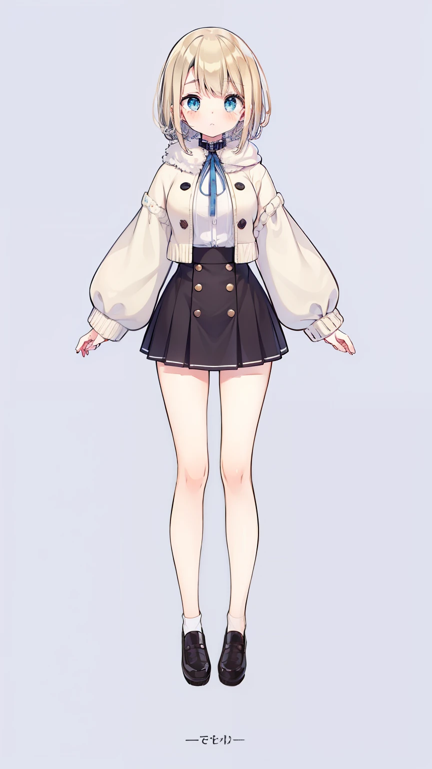 1 girl, alone, best quality, Super detailed, anime girl, sparkling ocean blue eyes, big eyes, white shirt, black skirt, Brown loafers, white stockings, whole body, solid color background, stand plainly, Put your arms by your sides, Body directly facing the camera, vtuber whole body, VTuber model,Knitted coat