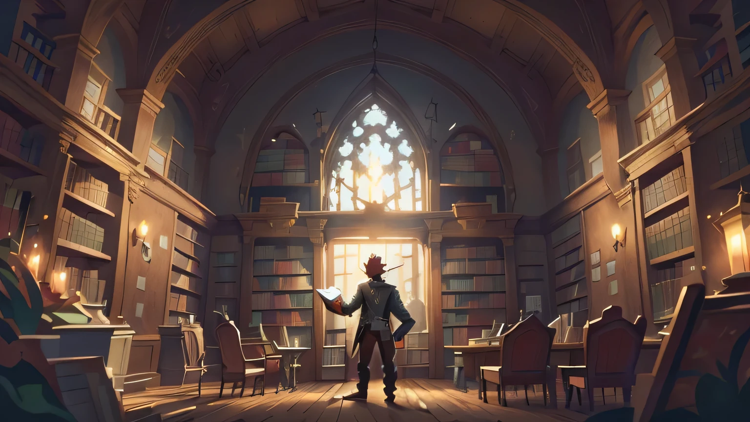Animated scene of a man standing in front of the city, alchemist library background, library background, gothic epic library concept, standing inside a magic library, library of ruina concept art, an eternal library, infinite library, dark library, infinite celestial library, gothic epic library, background artwork, library of babel, gloomy library, background = library, anime background art
蓝色西装，Khaki lining
