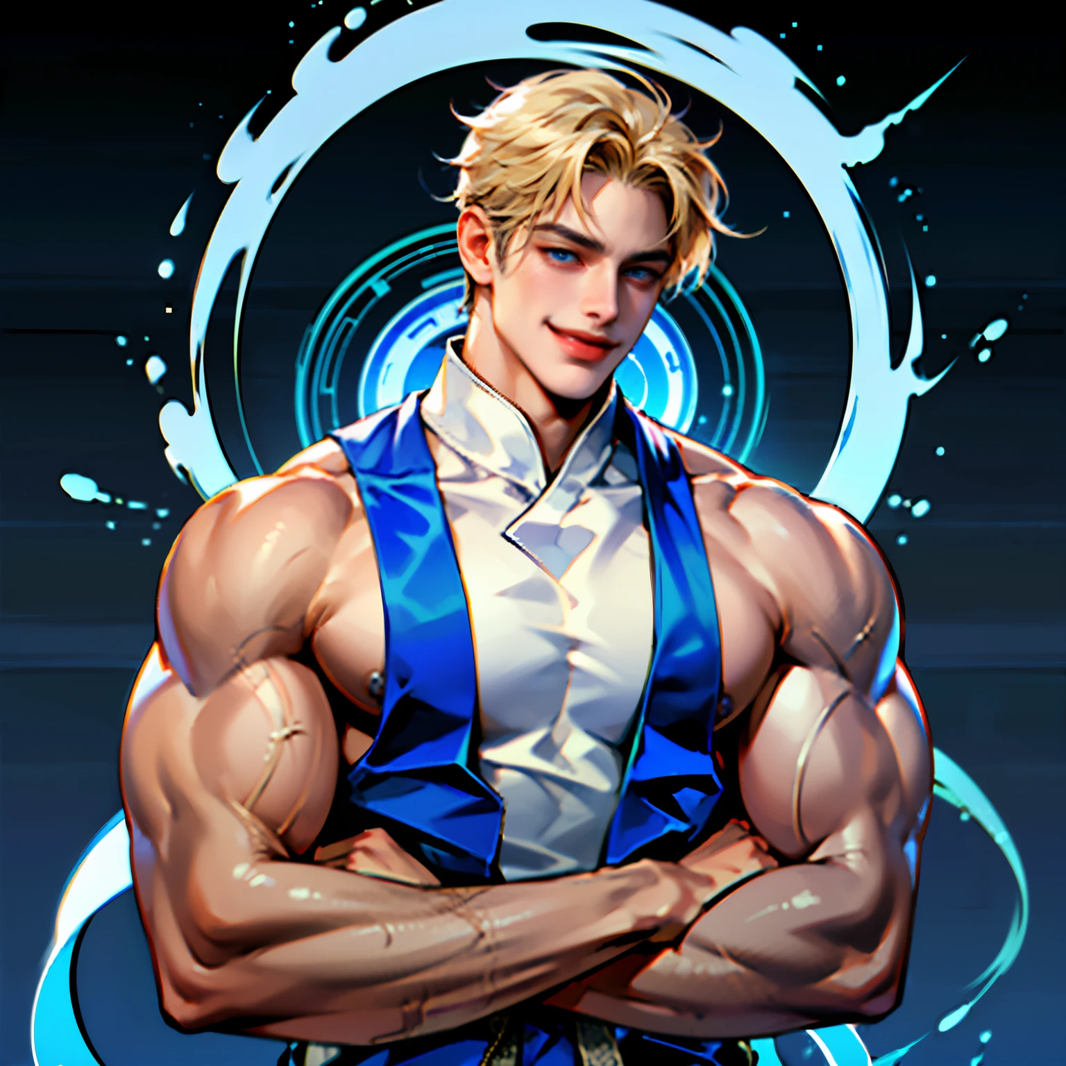 Muscular blue eyed blonde boy dressed in white ninja clothes very muscular big muscles huge muscles giant muscles smiling anime style 