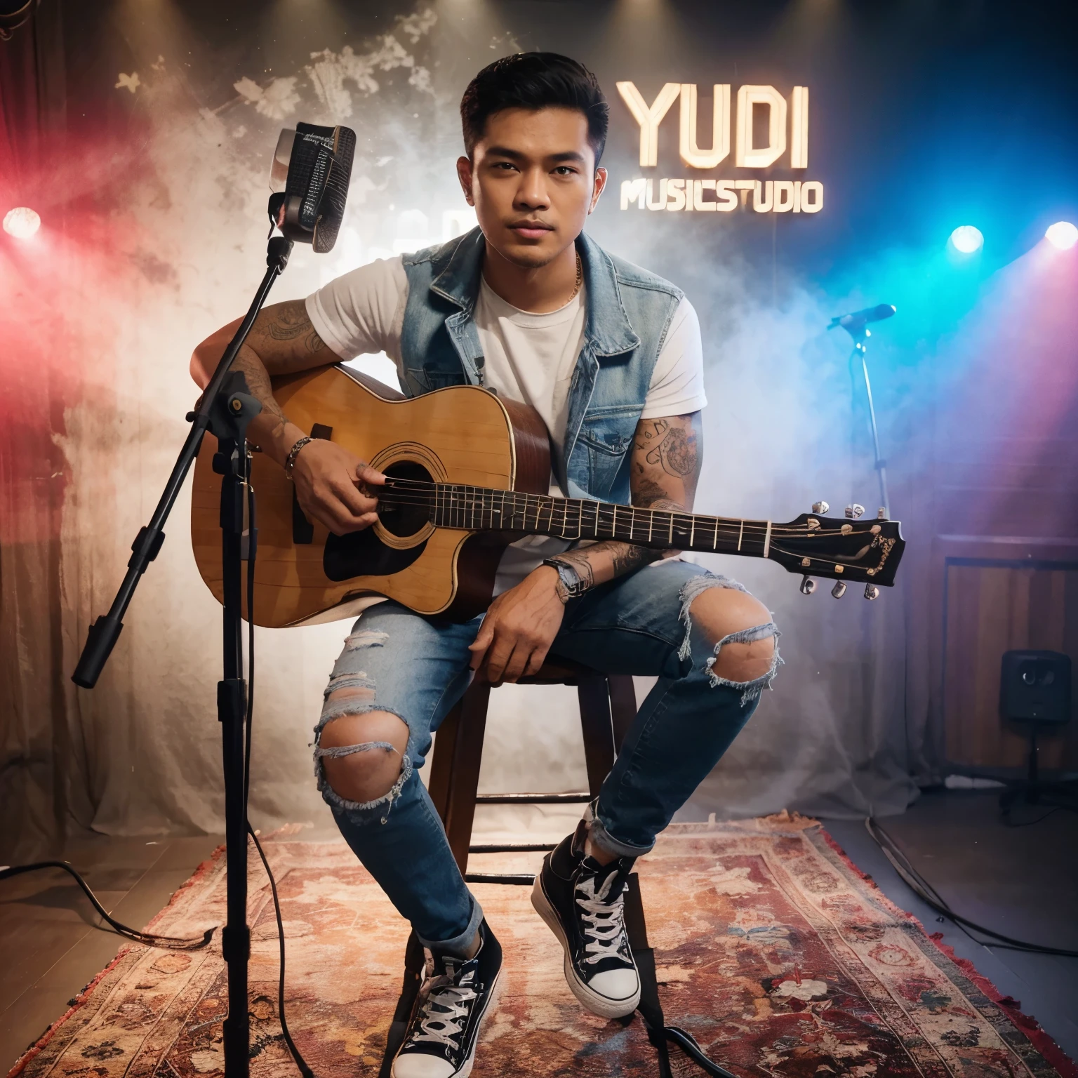 seorang laki laki Indonesia,mengenakan kaos putih, jaket denim, celana denim sobek, sepatu Converse hitam,laki-laki berusia 30 tahun, rambut under cut, ber wajah bersih, bertato,sambil memegang gitar akustik,ada mic di depan nya,menghadap ke depan,sambil tersenyum. di sebuah studio musik ,  yang berasap warna warni, di belakang dindingnya ada tulisan" Yudi music studio "lampu LED, diambil oleh kamera profesional. terlihat begitu nyata dan estetik