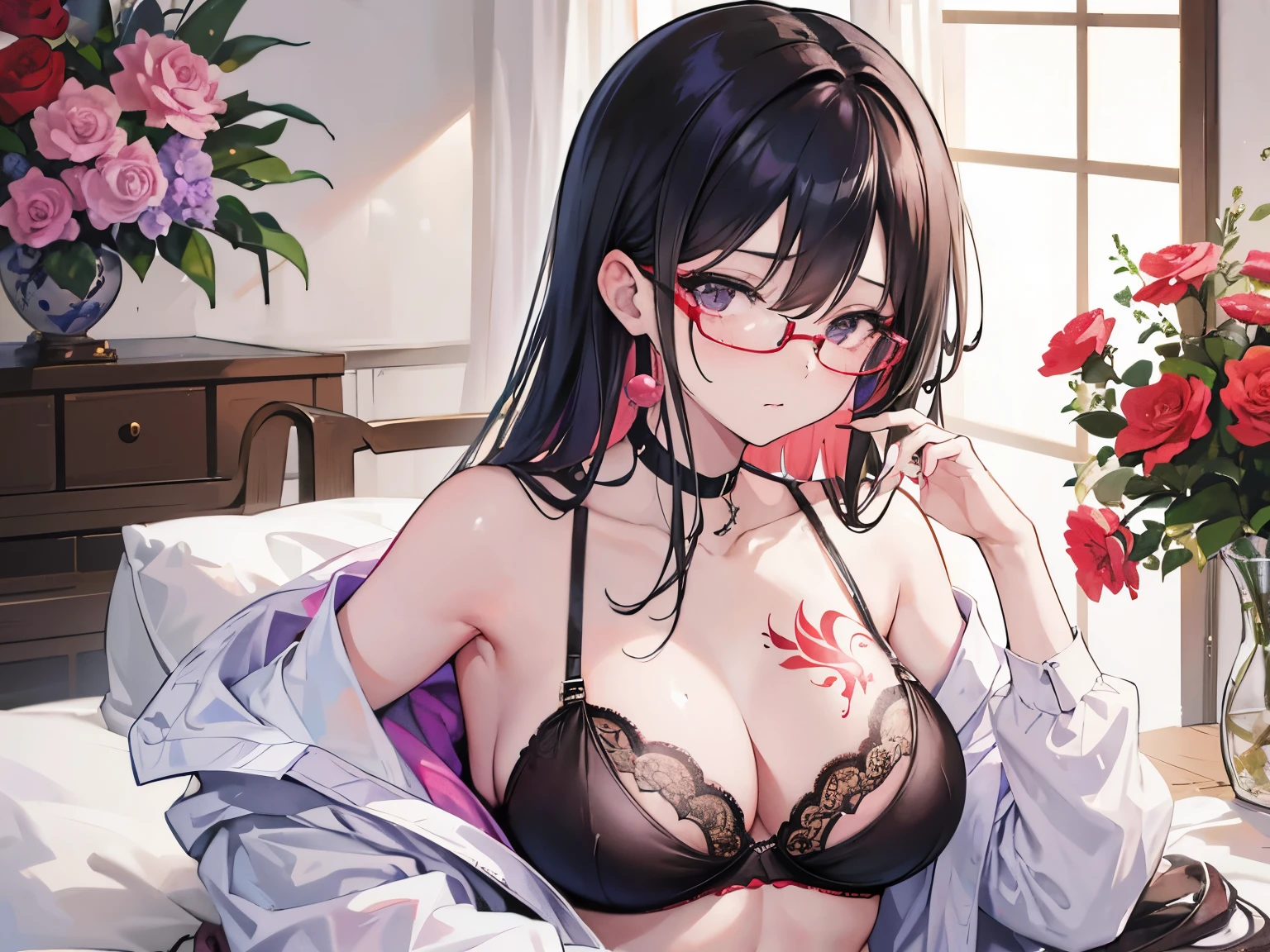 arafed woman in glasses and a floral bra top posing for a picture, a tattoo by Shiba Kōkan, tumblr, shin hanga, sexy girl, 2 2 years old, sie boob, sexy body, 21 years old, 2 3 years old, red bra, sexy :8, very sexy, 18 years old, sexy look