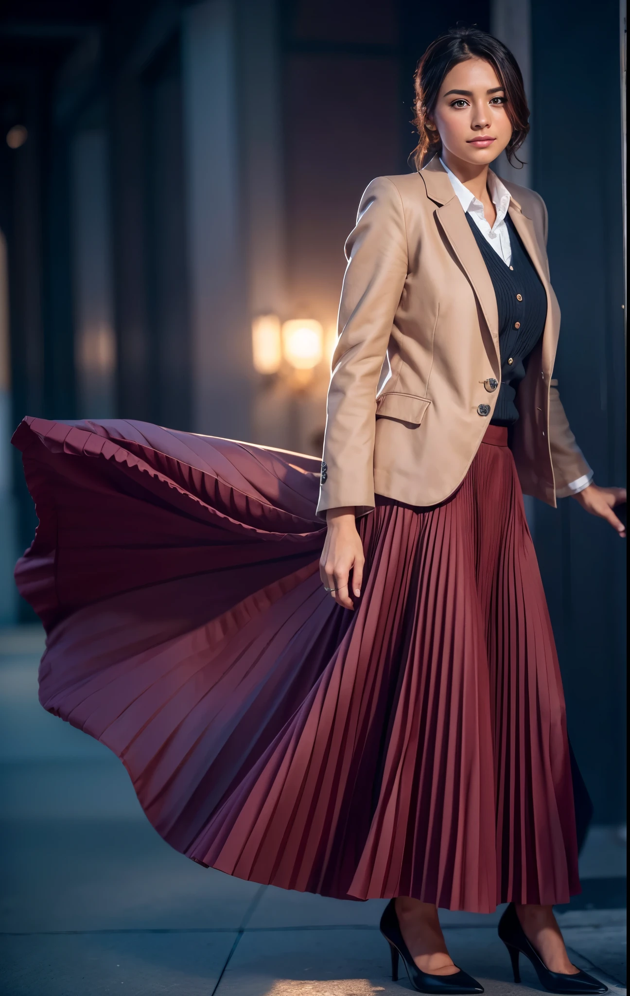 A smiling, authentic, (shy:1,3), kind, beautiful woman, in love with her skirt, while wind lifts her skirt, wearing short blazer and very very detailed (long (fully pleated) full circle skirt) and (simple) low heeled office shoes, very very intricate hyper-detailed symmetric (attractive graceful young feminine face) with (sad, tired eyes and a shy smile), large breasts, full of empathy and compassion and love, (pronounced (feminine) features), (highly detailed ultra accurate realistic) hands and fingers, (windy), epic composition, highly detailed attributes, (35mm f1.4 Kodak portra 400 photograph), extremely high quality RAW photograph, highly detailed atmosphere, sci-fi, cinematic shot, dynamic lighting, 75mm, Technicolor, Panavision, cinemascope, sharp focus, fine details, 8k, HDR, realism, realistic, key visual, film still, superb cinematic color grading, depth of field