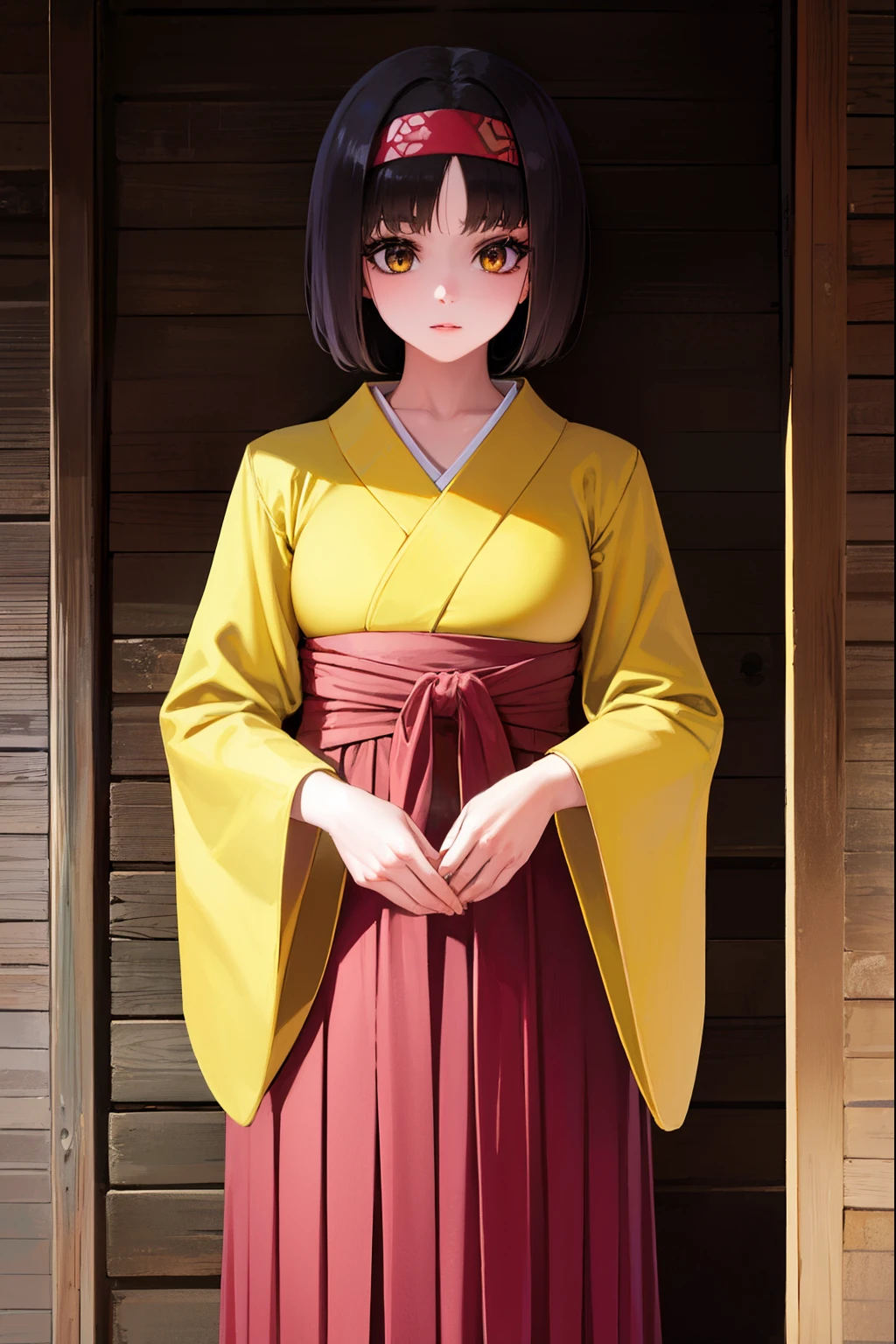 pokemonerika, pokemonerika, (yellow eyes:1.5), black hair, headband, short hair,
BREAK japanese clothes, kimono, hakama, red hakama, long sleeves, wide sleeves,
BREAK looking at viewer, upper body, full body, (cowboy shot:1.5),
BREAK outdoors, shrine,
BREAK (masterpiece:1.2), best quality, high resolution, unity 8k wallpaper, (illustration:0.8), (beautiful detailed eyes:1.6), extremely detailed face, perfect lighting, extremely detailed CG, (perfect hands, perfect anatomy),