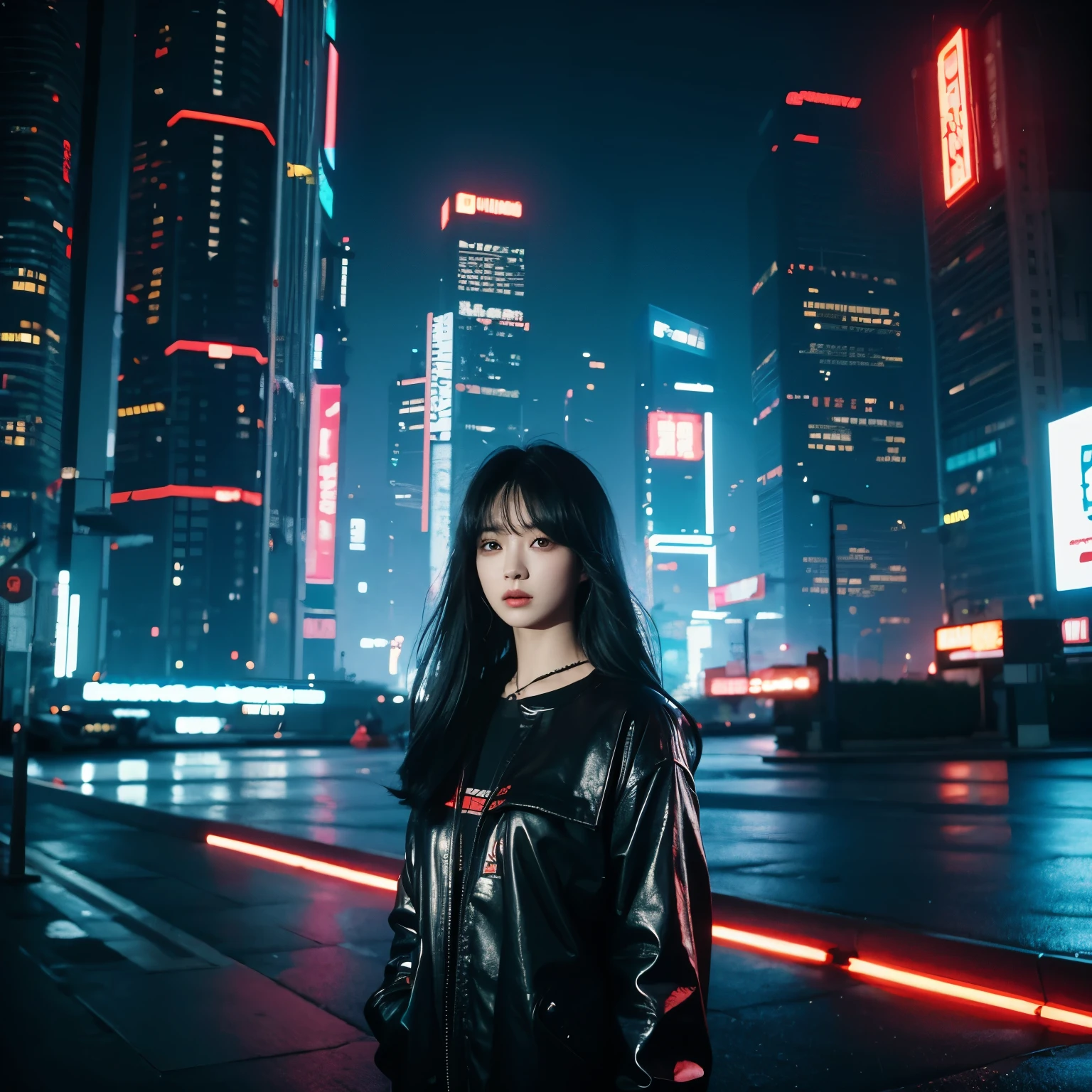 a woman, black hair, long hair, Korean, bright outfit, cyberpunk, futuristic city, 1987 film, masterpiece, best quality, blade runners style, cyberpunk city, realistic, 4D cinema.