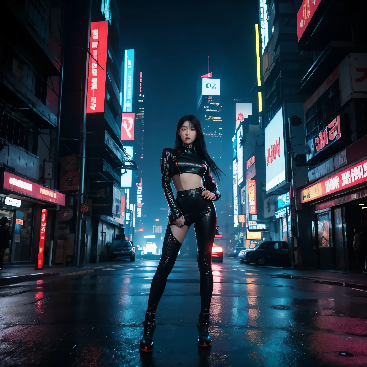 a woman, black hair, long hair, Korean, bright outfit,  cyberpunk, futuristic city, 1987 film, masterpiece, best quality, blade runners style, cyberpunk city, realistic, 4D cinema.