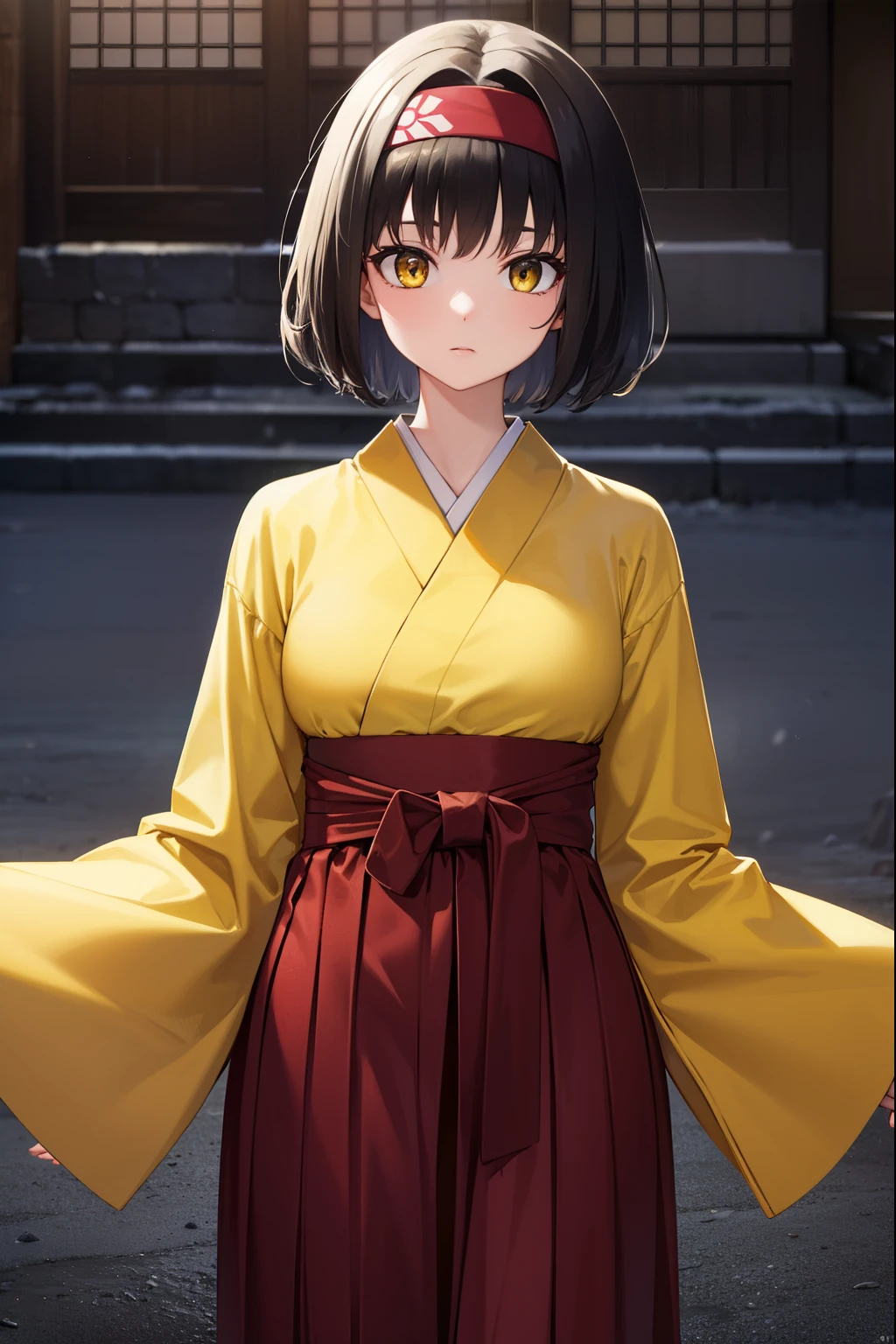 pokemonerika, pokemonerika, (yellow eyes:1.5), black hair, headband, short hair,
BREAK japanese clothes, kimono, hakama, red hakama, long sleeves, wide sleeves,
BREAK looking at viewer, upper body, full body, (cowboy shot:1.5),
BREAK outdoors, shrine,
BREAK (masterpiece:1.2), best quality, high resolution, unity 8k wallpaper, (illustration:0.8), (beautiful detailed eyes:1.6), extremely detailed face, perfect lighting, extremely detailed CG, (perfect hands, perfect anatomy),