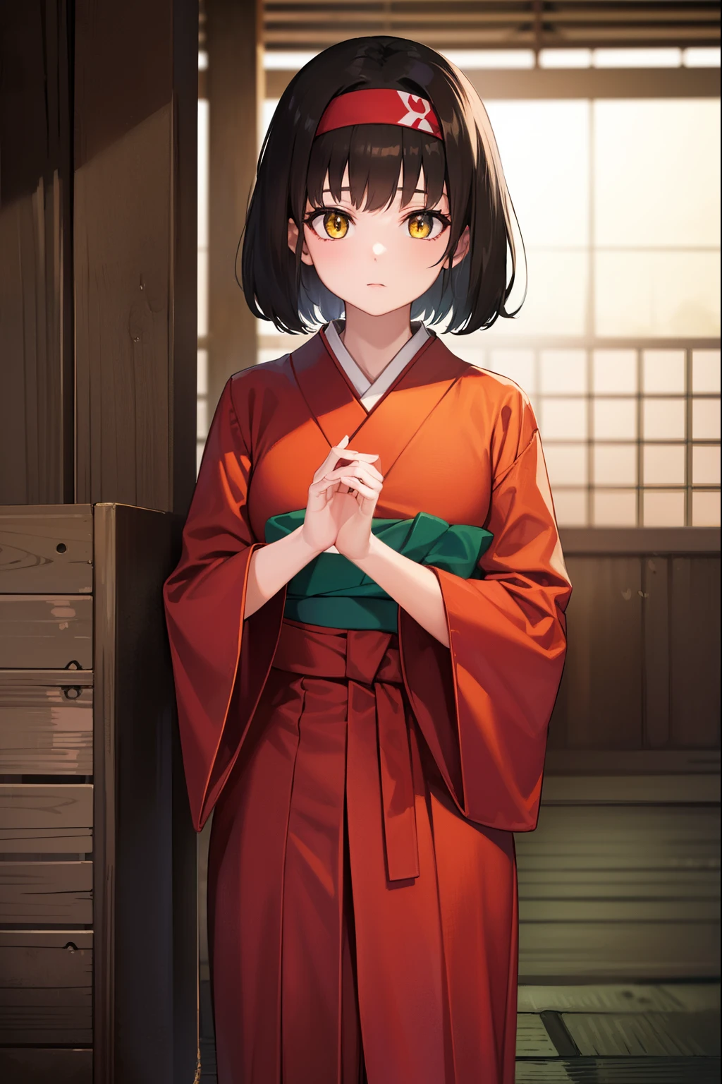 pokemonerika, pokemonerika, (yellow eyes:1.5), black hair, headband, short hair,
BREAK japanese clothes, kimono, hakama, red hakama, long sleeves, wide sleeves,
BREAK looking at viewer, upper body, full body, (cowboy shot:1.5),
BREAK outdoors, shrine,
BREAK (masterpiece:1.2), best quality, high resolution, unity 8k wallpaper, (illustration:0.8), (beautiful detailed eyes:1.6), extremely detailed face, perfect lighting, extremely detailed CG, (perfect hands, perfect anatomy),