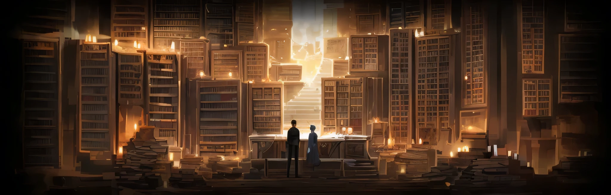 ((masterpiece, best quality))，Gorgeous，There are many candles on the bookshelf，The man is wearing a black suit