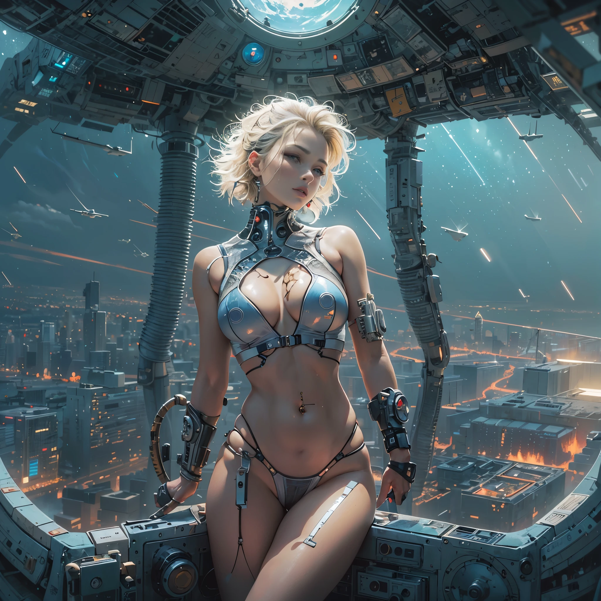 Cyberpunk, Cyborg Beauty, Robot Parts, (HI-RES, Young Blonde Beauty), Big, Ultra Small Micro Underwear, Breast Tips Protruding, Crotch Spread, Body Lines Clearly Visible, no Pubic hair, cameltoe Area Clearly Visible, sat in spacecraft, observation deck window, view of , moon, nebula, masterpiece, 8k, sensual