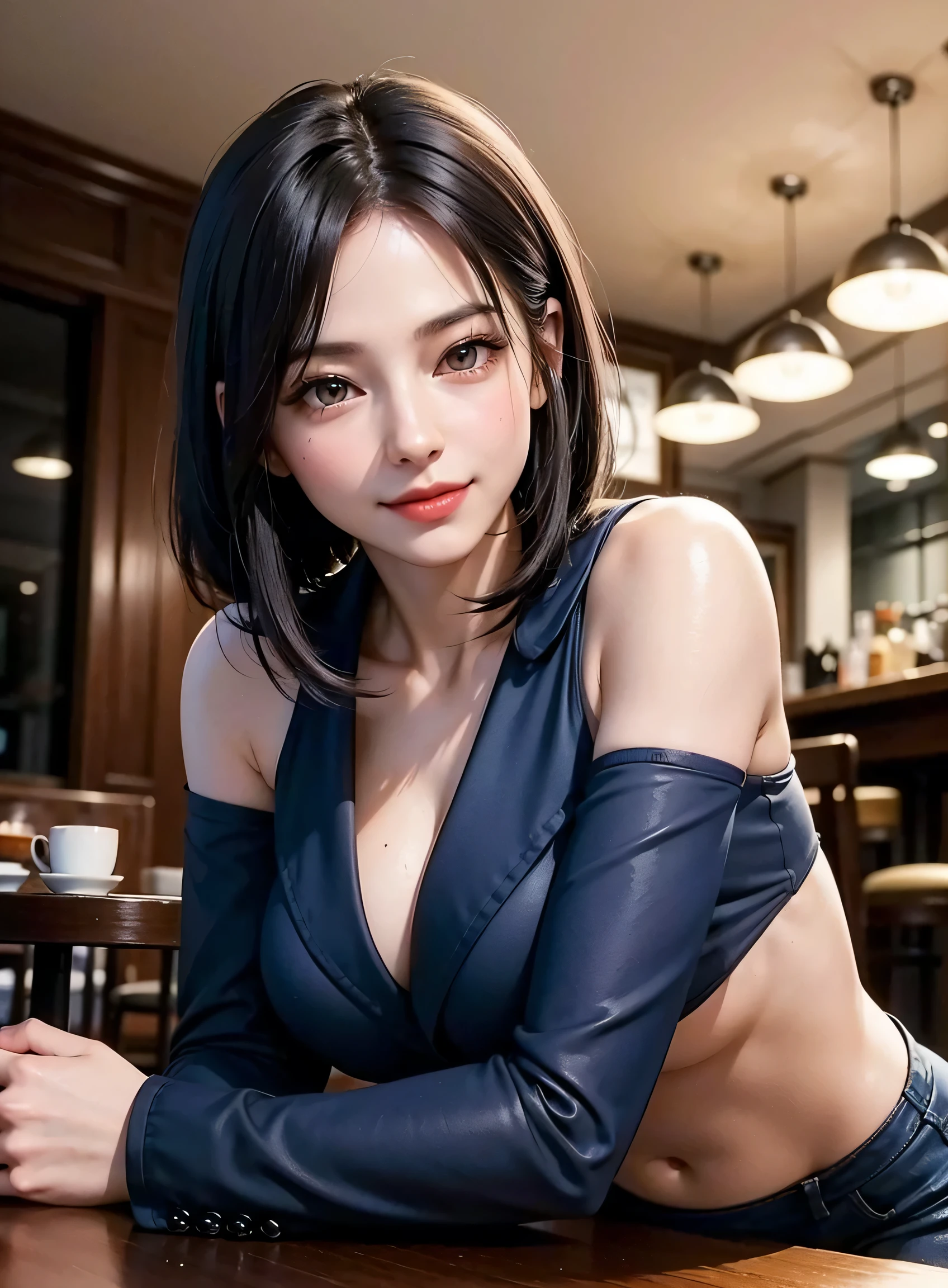 sfw, ((best quality, 8K, masterpiece: 1.3)), beautiful girl, pure, melon face, kind and cute, sweet smile, pure desire, slender body, (front), (tilted head), ((looking at camera) ), wearing a blue suit, black silky medium hair, long flowing shoulders, moist red lips, sweet, sitting in a cafe, cafe background , ((whole body)), wearing bra,((skinny waist)), young asian girl, ((big breasted)),