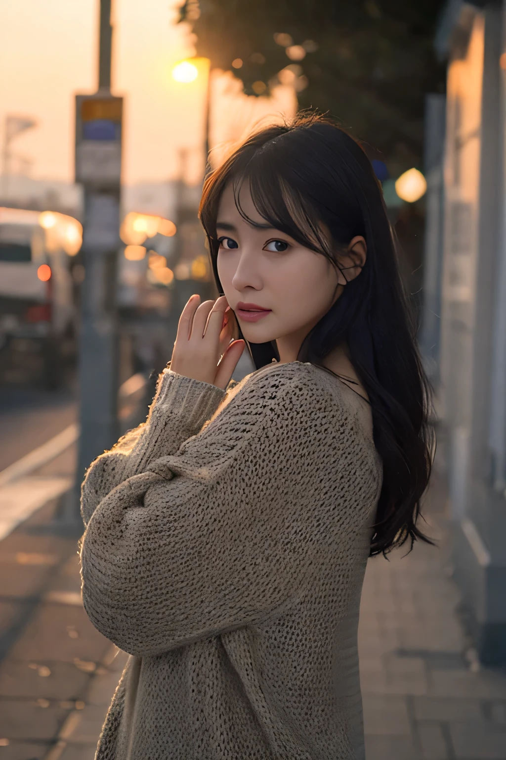 (masterpiece、High resolution,high quality),(perfect woman、beautiful少女、perfect anatomy、beautifulしい四肢、beautiful肌)、(In love and sorrow、Sad Pose)、evening、sunset、woman standing still、in the middle of the pavement、beautiful、shining hair、black eye、Watery eye、Emotional wounds、((Seeking healing))、gravure、professional photography、