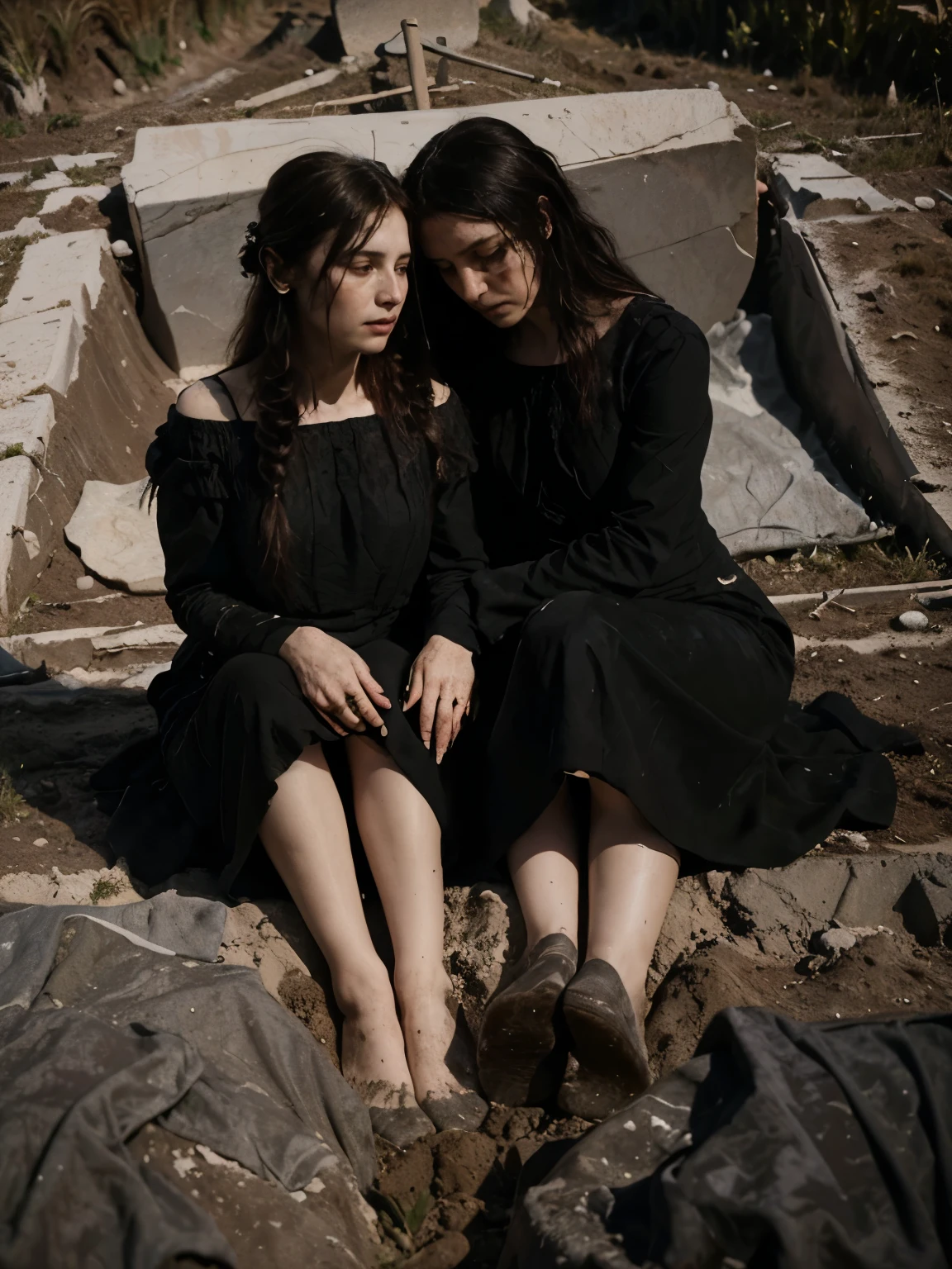 ((Jeremy Lipking style)) ((Nicola Samori style)) two women buried in the ground, two very ugly sad women, ((long black dress)), front, sky, field)), hair up, (oil on linen ), (photo from nikon d800, 50mm
lens), focus, ((two women with their legs buried in the ground))