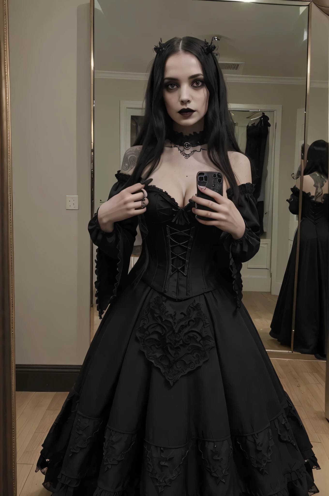 there is a woman taking a selfie in a mirror, wearing a gothic dress, gothic outfit, 1 7 -  - old h girl, she is wearing a black dress, wearing modern gothic clothes, gothic dress, gothic horror vibes, dark gothic dress, witchcore clothes, ornate goth dress, wearing corset, dark dress, goth vibe, gothic clothes