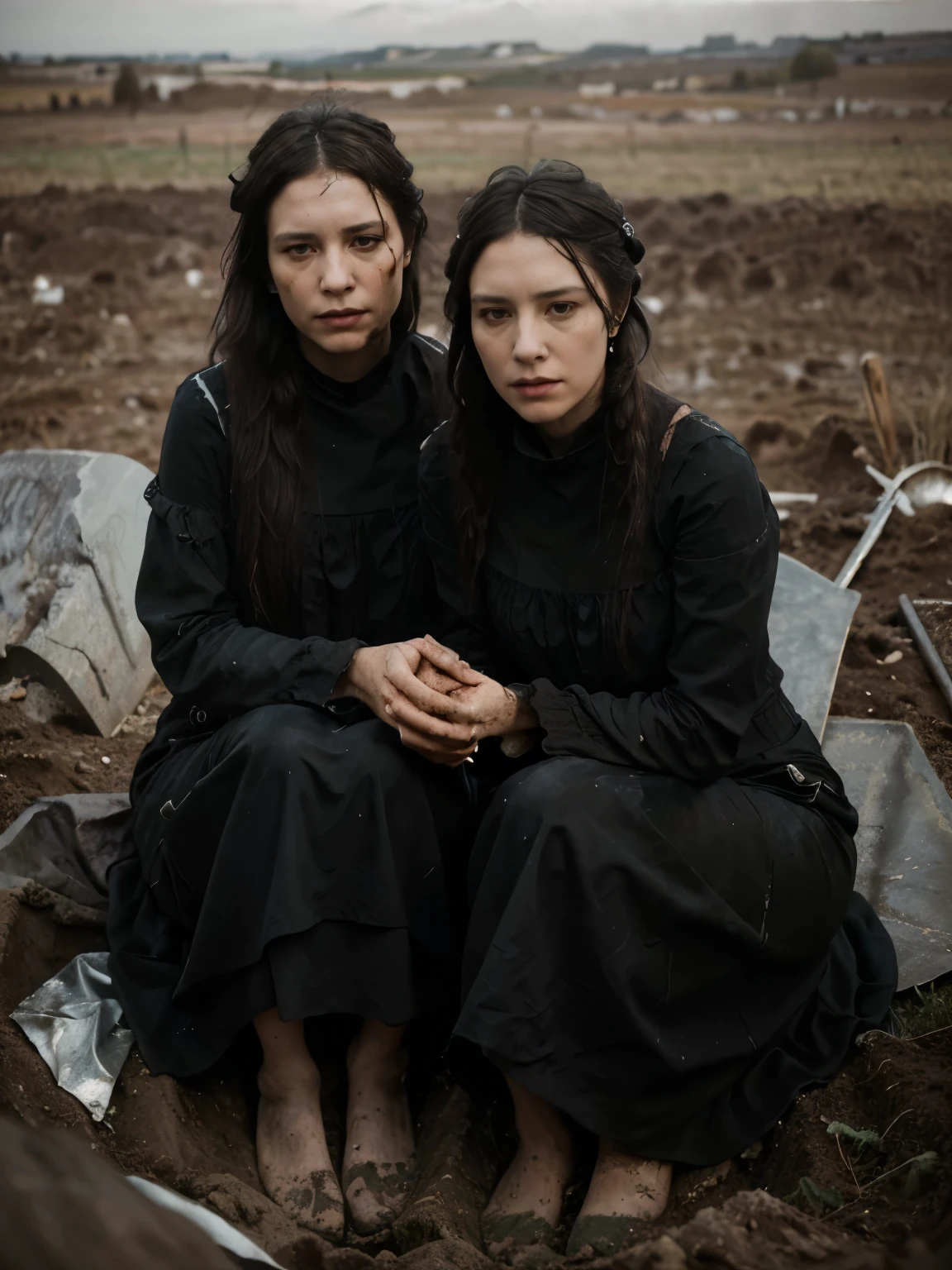 ((Jeremy Lipking style)) ((Nicola Samori style)) two women buried in the ground, two very ugly sad women, ((long black dress)), front, sky, field)), hair up, (oil on linen ), (photo from nikon d800, 50mm
lens), focus, ((two women with their legs buried in the ground))