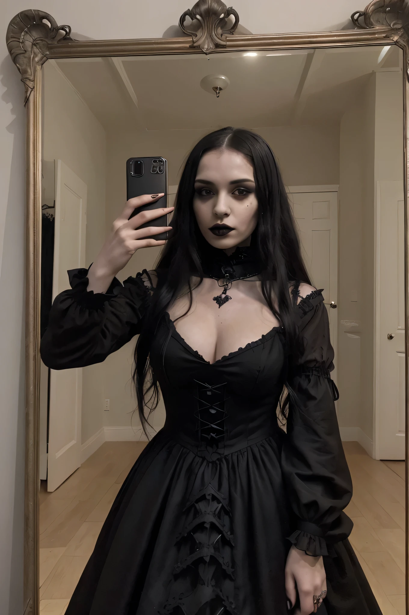 there is a woman taking a selfie in a mirror, an album cover by Nándor Katona, reddit, gothic art, wearing a gothic dress, gothic outfit, 1 7 - - old h girl, she is wearing a black dress, wearing modern gothic clothes, gothic dress, gothic horror vibes, dark gothic dress, witchcore clothes