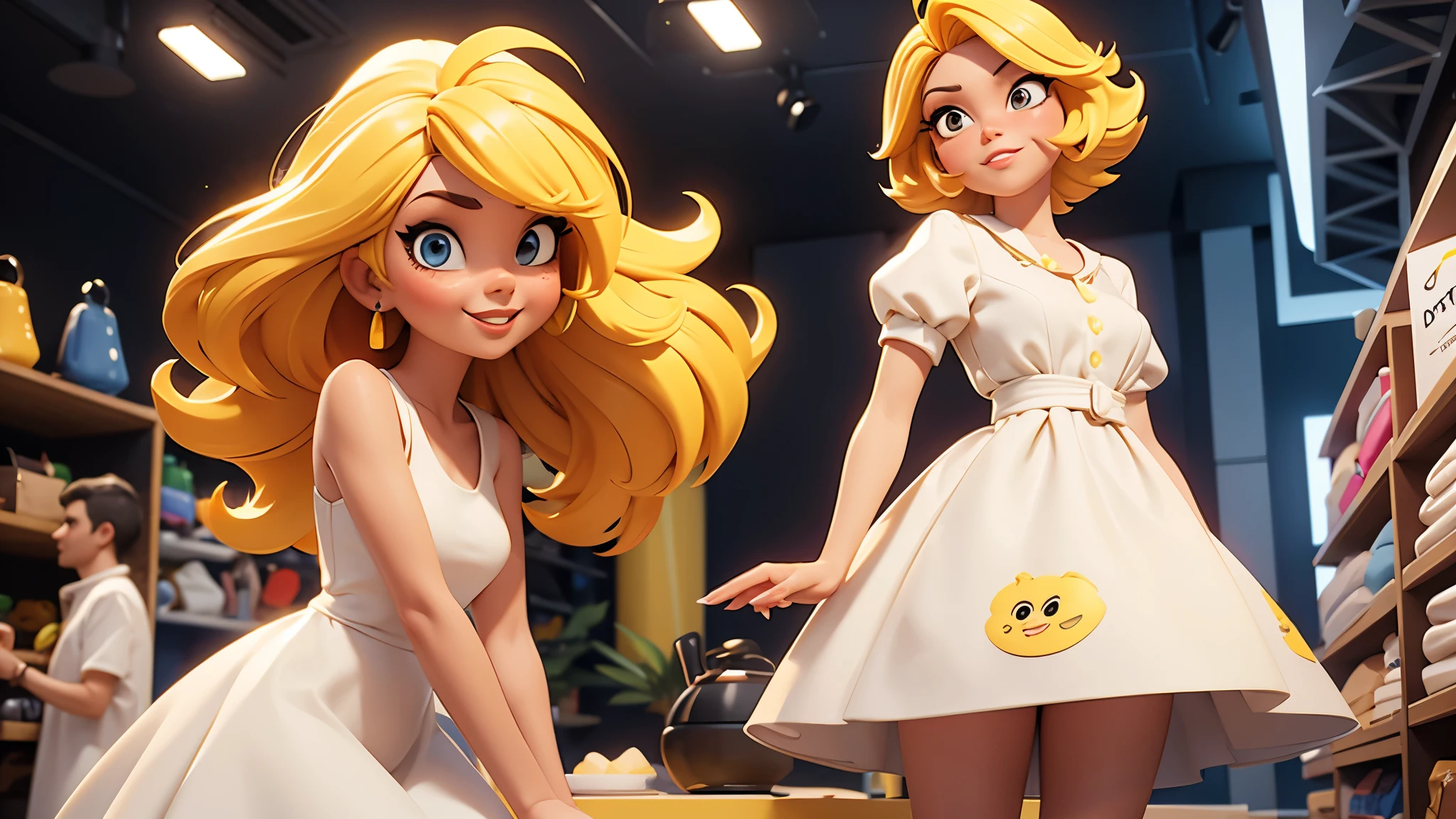 fernanda 20 years old yellow hair, wearing a white dress, talking to people, meeting in a clothing store. (3D Pixar style, strong and vibrant colors)