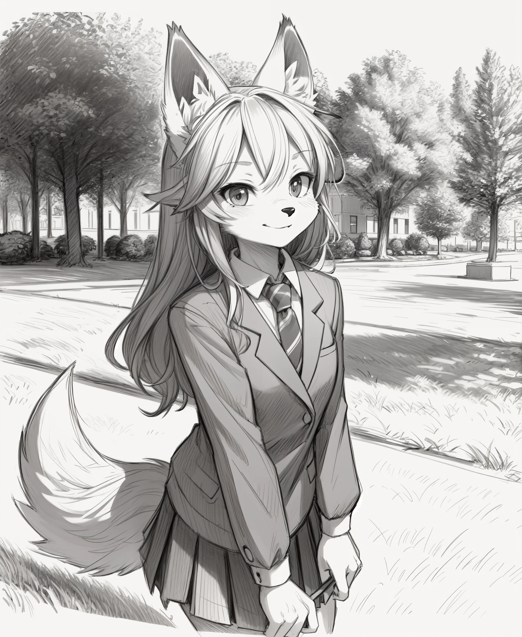 black night,ultra detailed(sketch:1.2),graphite,(monocolour:1.3), solo,on grass, 
furry fox girl,animal ear,school uniform,park, looking at viewer,
 