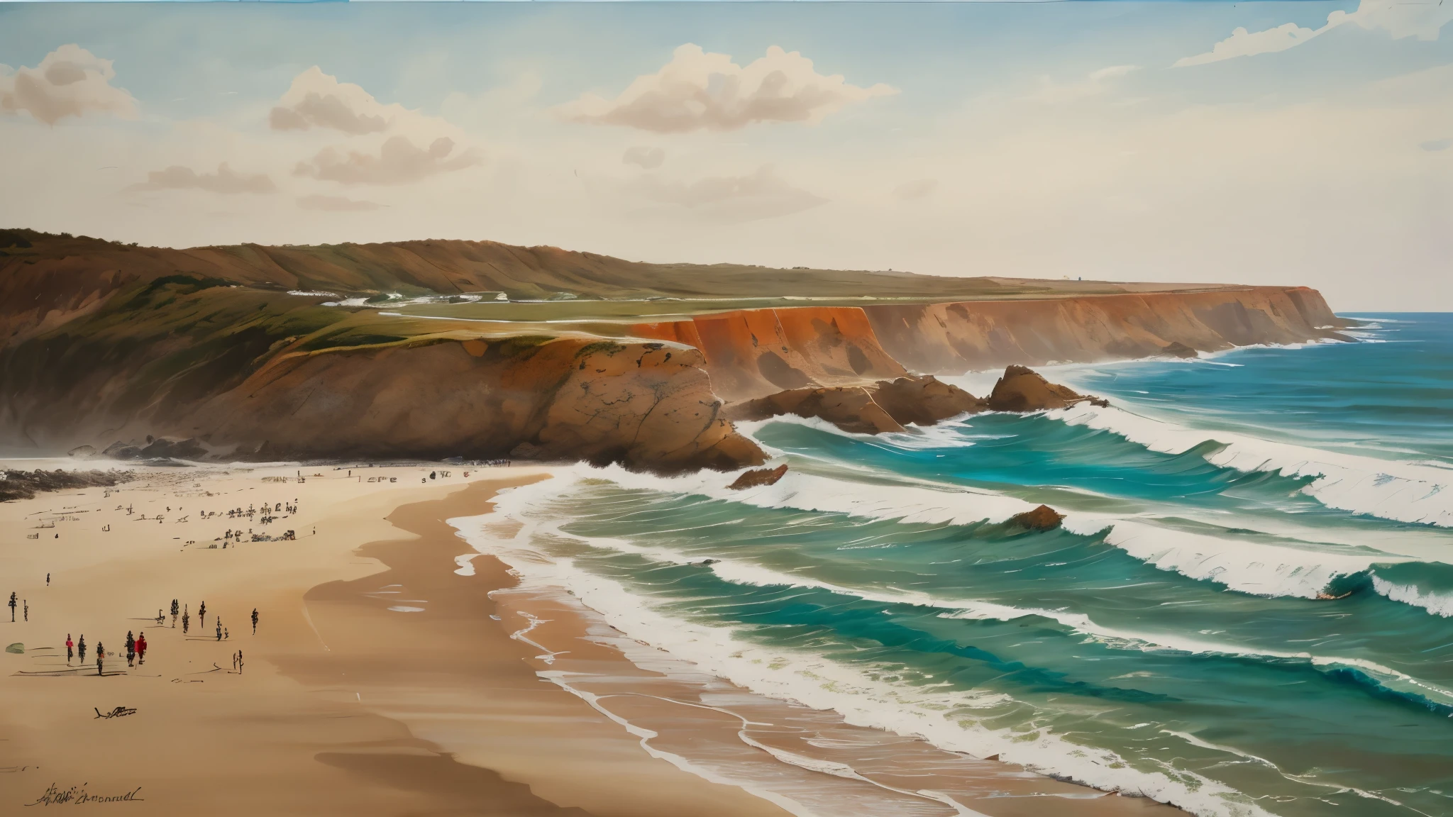 Painting of a naked red-haired woman in front of the sea waves, sentada na areia, as ondas do mar batendo em suas costas, quadro antigo, oil painting, hiper realista, estilo renascentista, romantic scenery, coxas fortes, olhos super detalhados, olhos lindos, rosto super detalhado, 8k, renderizado 