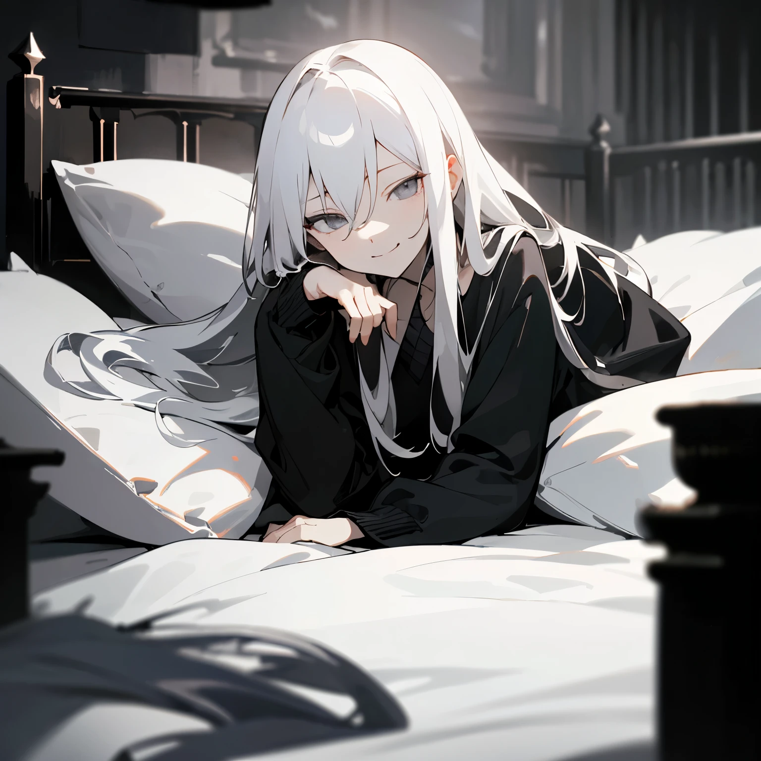(masterpiece、top-quality)、Hair with a short neckline、1 girl with long white hair、Black cardigan、Smirk、grey eyes、Warm lighting、on the beds, Blurred foreground、deep in the night、High contrast、Night、laimg on the bed.
