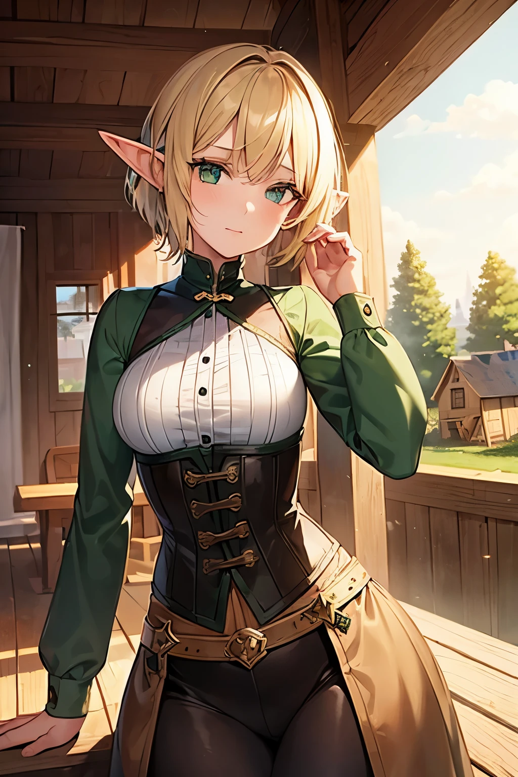 SFW (masterpiece, best quality, 32k) a youthful teenage girl with short blonde hair ((golden blonde hair, platinum blonde hair, bangs, diagonal bangs, straight bangs, blunt bangs, bob, assymetric bob, inverted bob)), ((aqua eyes, green eyes, blue eyes)), ((youthful face, beautiful face, cute face, sexy face)), ((pointy ears, elf ears)), pale skin, walking, standing, relaxed, outside, outdoors, forest, trees, grass, sky, clouds. Fantasy adventurer clothes, medieval fantasy clothes, light armor, leather armor, ((white blouse, cleavage, pushup cleavage:1, scoop neck, tight blouse, taut blouse)), ((corset, harness, chest harness, framed breasts)), ((jacket, cropped jacket:1, hood, hood down, long sleeves, loose sleeves, impossible clothes)), ((short shorts, black shorts, high-waist shorts:1, tight shorts, taut shorts, high-leg shorts:1, belt, pouches)), mage, warrior, wizard, fighter, rogue, investigator, scholar, researcher, ranger, archeologist, ((large breasts:1.3, first-rate breasts:1.3, round breasts, huge breasts:1.1, perky breasts:1.1)), ((slim:1.3, lithe:1.3, slender:1.3, thin:1.3, busty:1.2, buxom:1.1, knockout beauty:1.4)), ((long legs, slender legs, thick thighs)), small smile ((full lips)), happy expression, bright expression, sunny expression, open eyes, large eyes, expressive eyes, head-to-waist portrait, cinematics, color oil painting, cinematic lighting, ((extremely detailed face)), ((finely detailed face)), ((Extremely detailed eyes)), ((finely detailed eyes)), ((beautiful face)), ((beautiful eyes)), perfect lighting, depth of field, (realistic proportions), (good anatomy), ((solo:1.6)), ((1girl:1.6))