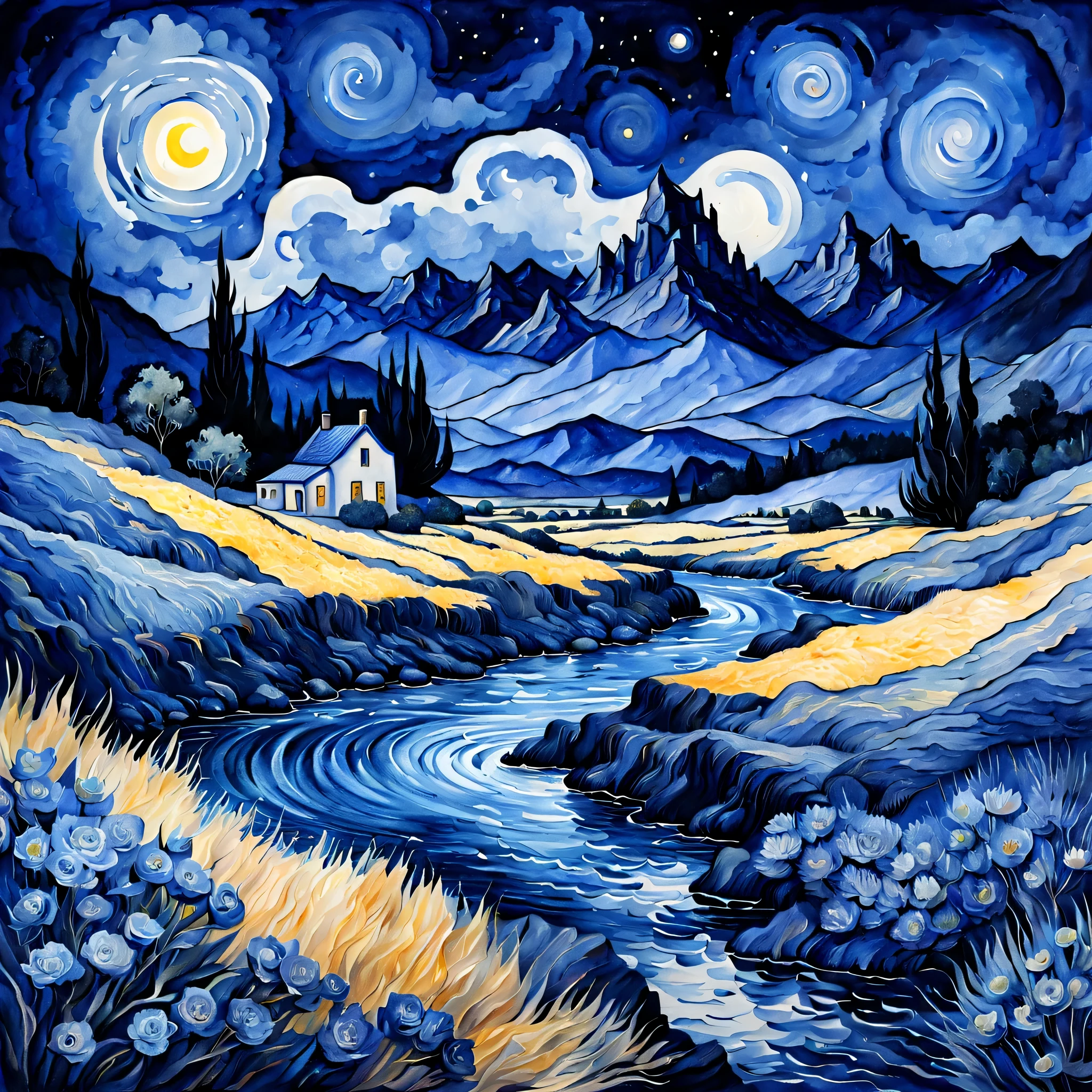 a fantasy landscape in a very dark blue color, van gogh style, Watercolor, trending on artstation, sharp focus, studio photo, intricate details, highly detailed, by greg rutkowski