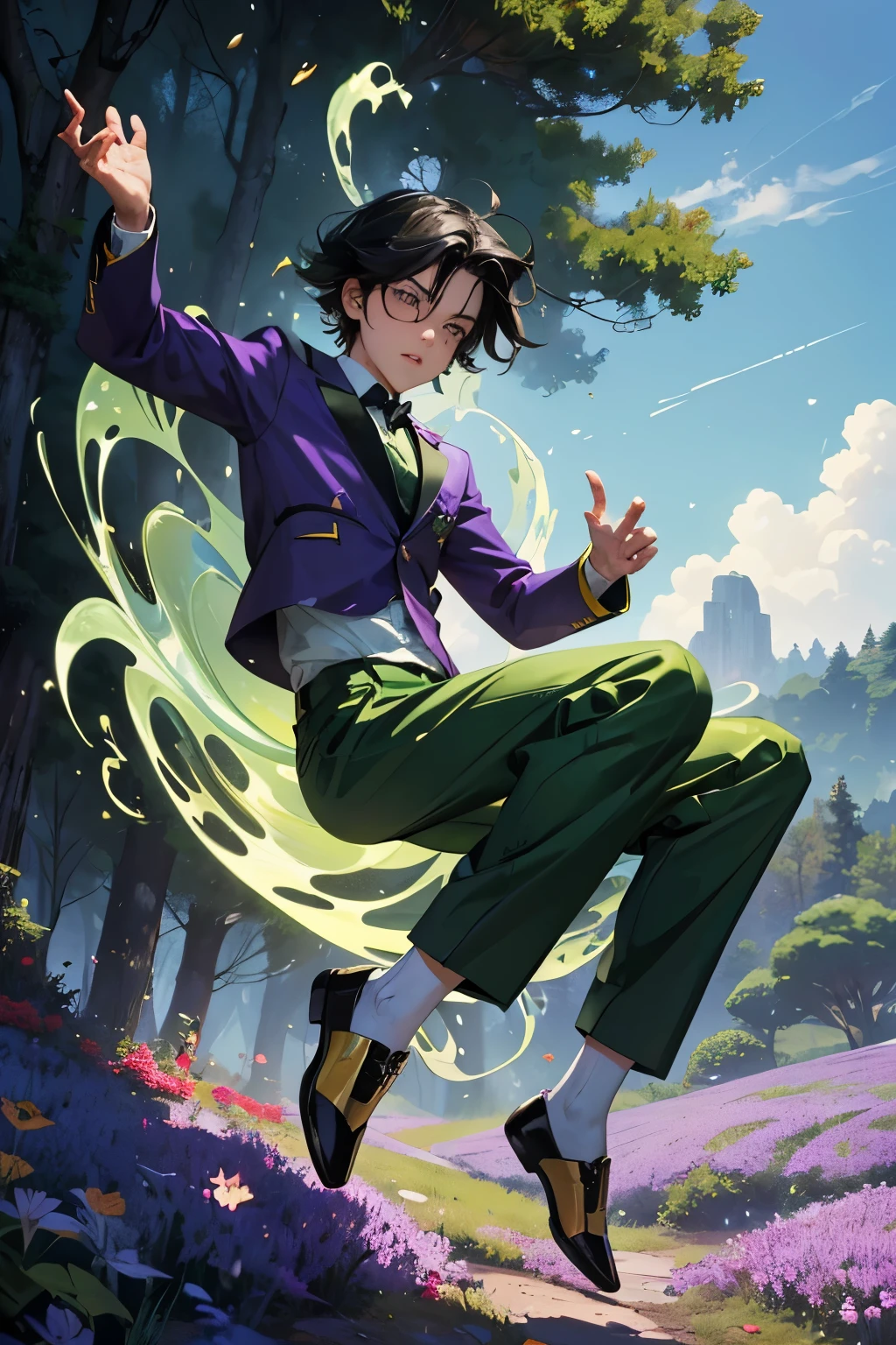 crazy and fantastic image ... male character, 10-year-old boy, intriguing ans smart look, flowing black hair, (a little crazy, disorganized) green and gold pants. floating among the trees, in place of legs there is purple smoke like a whirlwind. Scenery, playful park, reminiscent of fairy tales, diffused light.