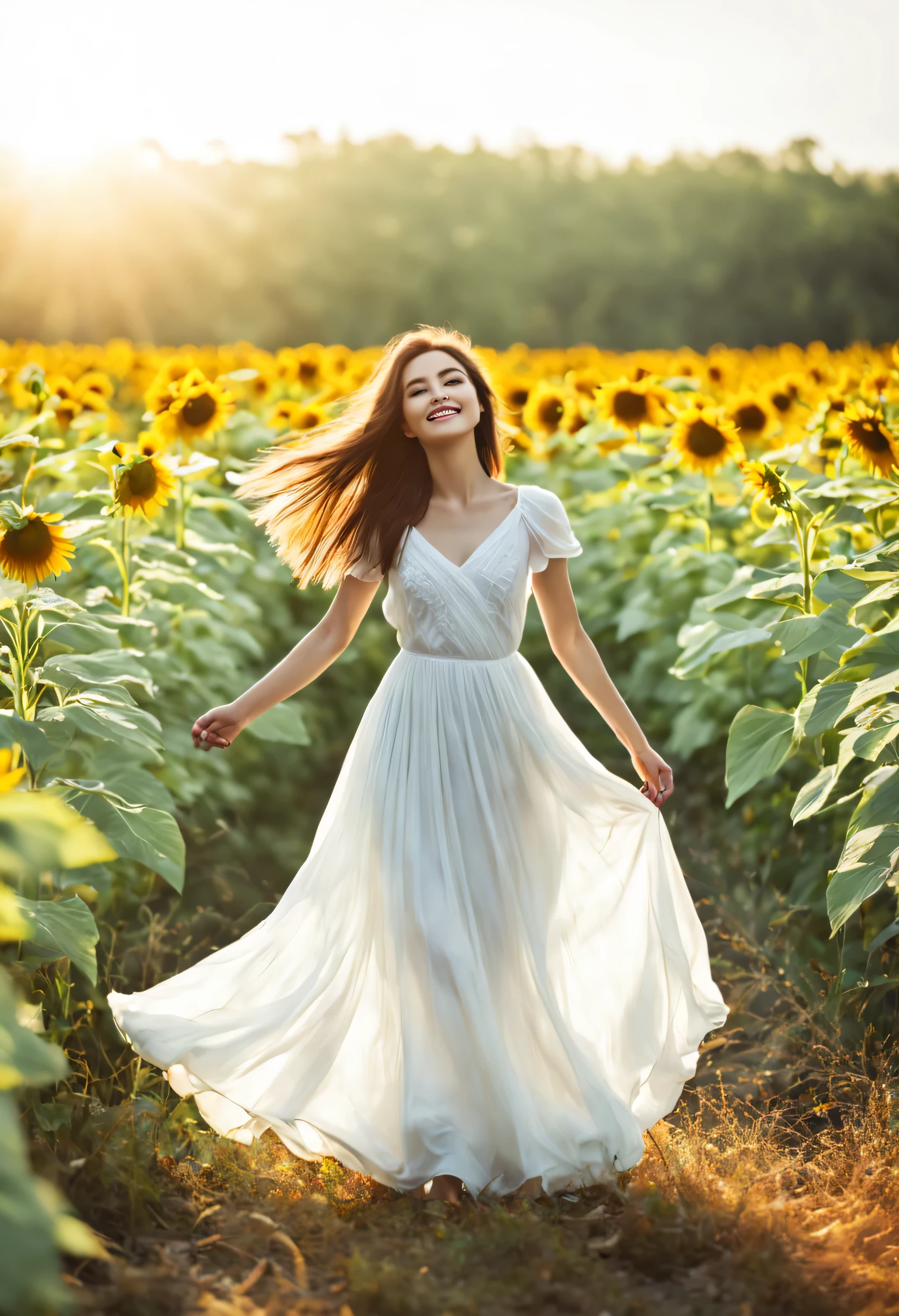 uma mulher em um vestido branco,Feminino,Casual,flutuando,fresco,breathtaking scenery,beleza natural,gentil,forte,gracioso,feminilidade,majestoso,Sereno,jardim iluminado pelo sol,flores em flor,atmosfera tranquila,pure white petals,Folhas farfalhantes,Fluttering skirt,tecido macio,ethereal,luz do sol,Brisa suave,Convidativo,cativante,Aura misteriosa,cores vivas,luz solar natural,gracioso gestures,peaceful expression,campo de girassol,beleza natural,luz solar quente banhando seu cabelo,Sereno smile,crystal blue sky,charming appearance,apparently dancing,harmonia