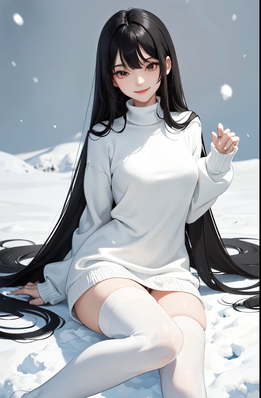 a girl，15 years old，long black hair，Qi bangs，Exquisite facial features，Smile，snow，slim body，Slender and full legs，medium sized breasts，Loose white sweater，（White knee socks），Showing thighs
