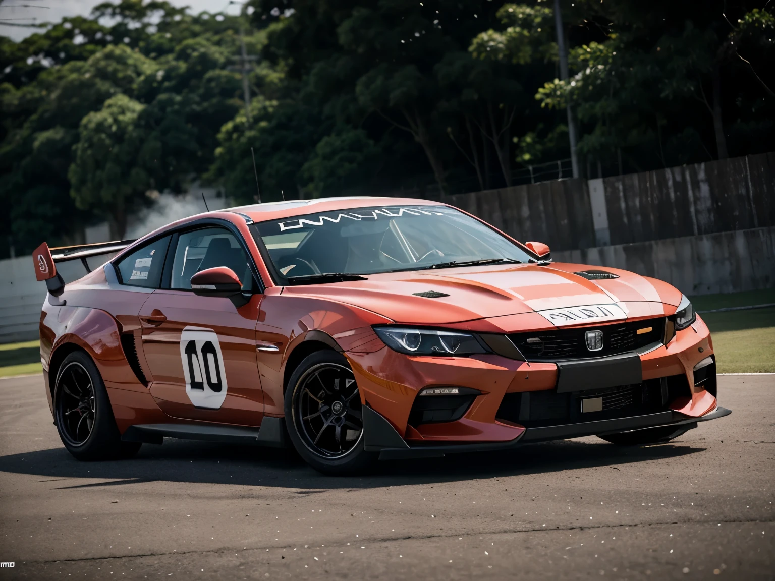 Uma arte, Um carro de drift, letra japonesa no fundo, com efeito de luz blur, boa qualidade, fundo transparente