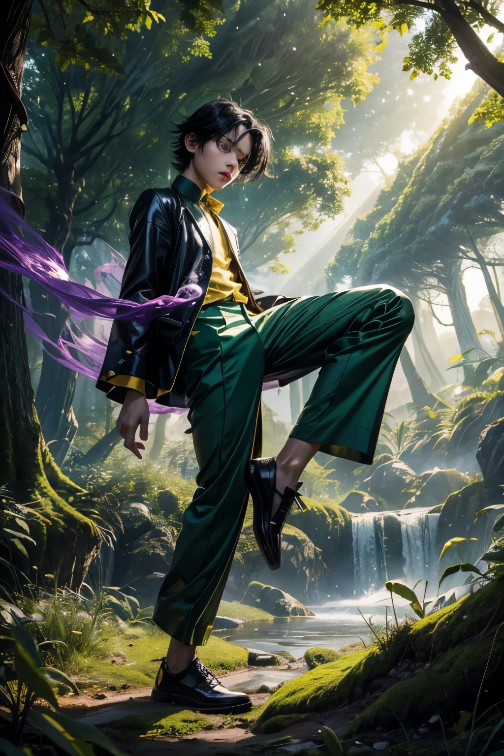 crazy and fantastic image ... male character, 10-year-old boy, intriguing ans smart look, flowing black hair, (a little crazy, disorganized) green and gold pants. floating among the trees, in place of legs there is purple smoke like a whirlwind. Scenery, playful park, reminiscent of fairy tales, diffused light.