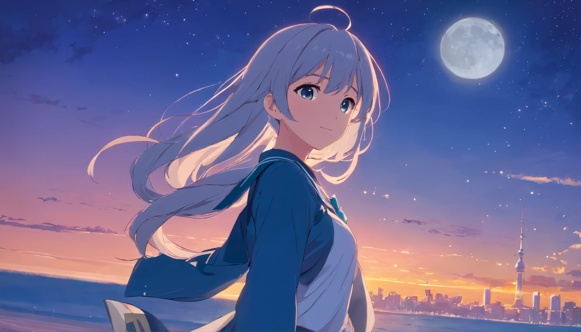 long hair，night，full moon，silver haired girl，uniform，slight smile，View photos taken