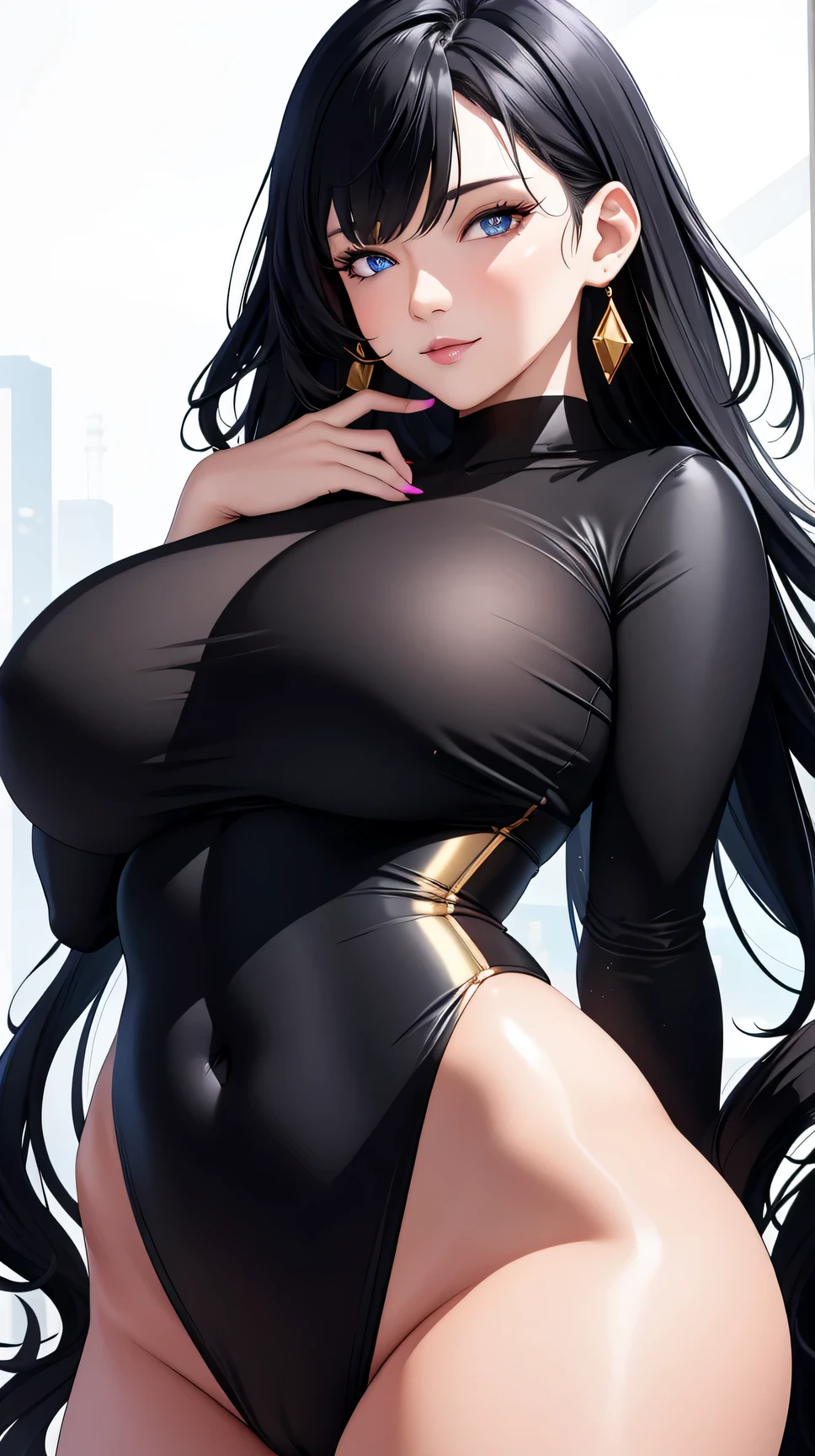 (best quality:1.5, highres, UHD, 4K, detailed lighting, shaders), black wavy hair, gradient hair, large breasts,woman shirt, long pants, big butt, big thighs, mature woman , (pov), white background, colorful eyeshadow, dramatic lighting, sparkling eyes,sensual smile, sensual expression, golden earrings, flowing hair, delicate facial features, soft skin, high cheekbones, urban setting, white background,